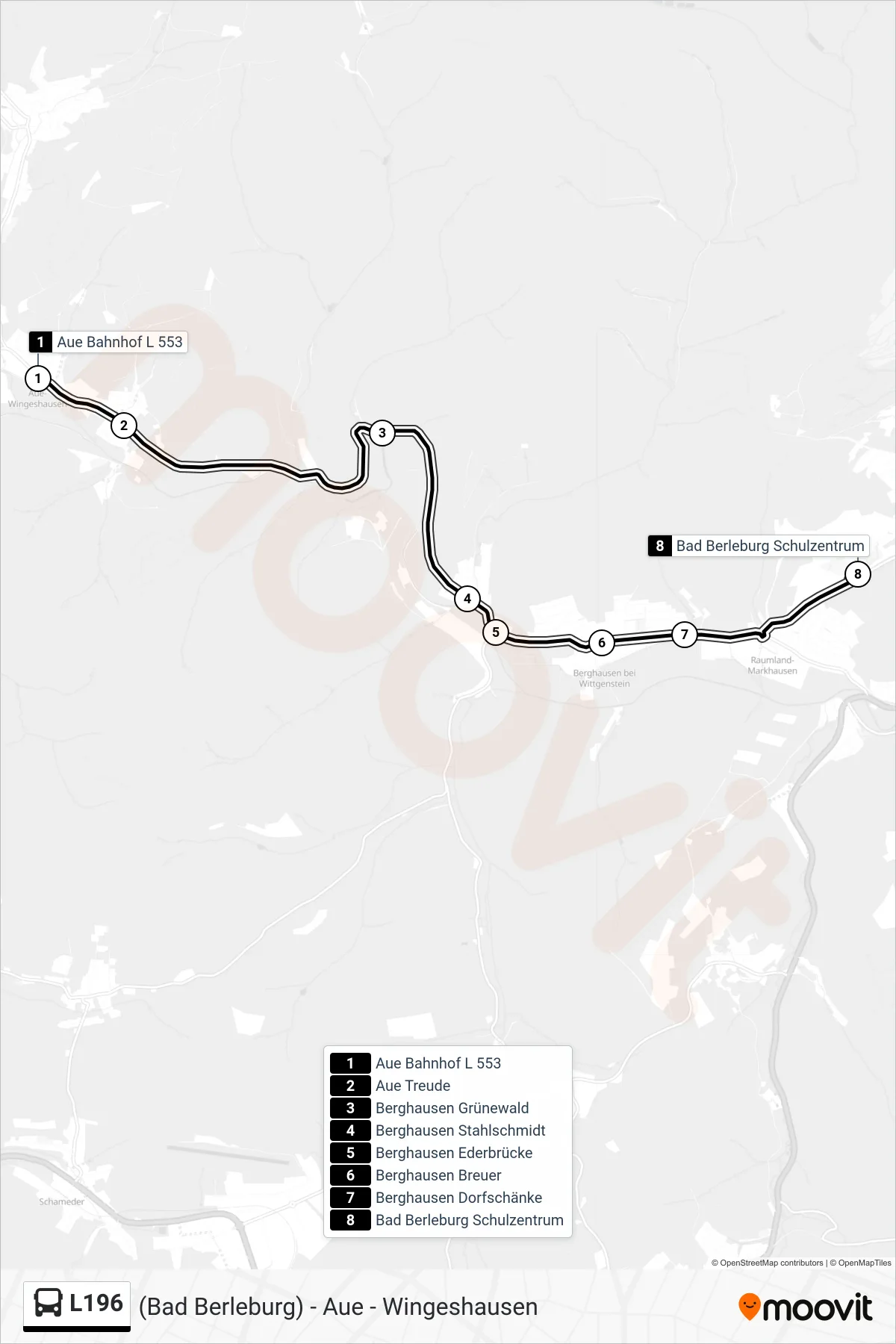 L196 bus Line (Bad Berleburg Schulzentrum) route and stops on a map