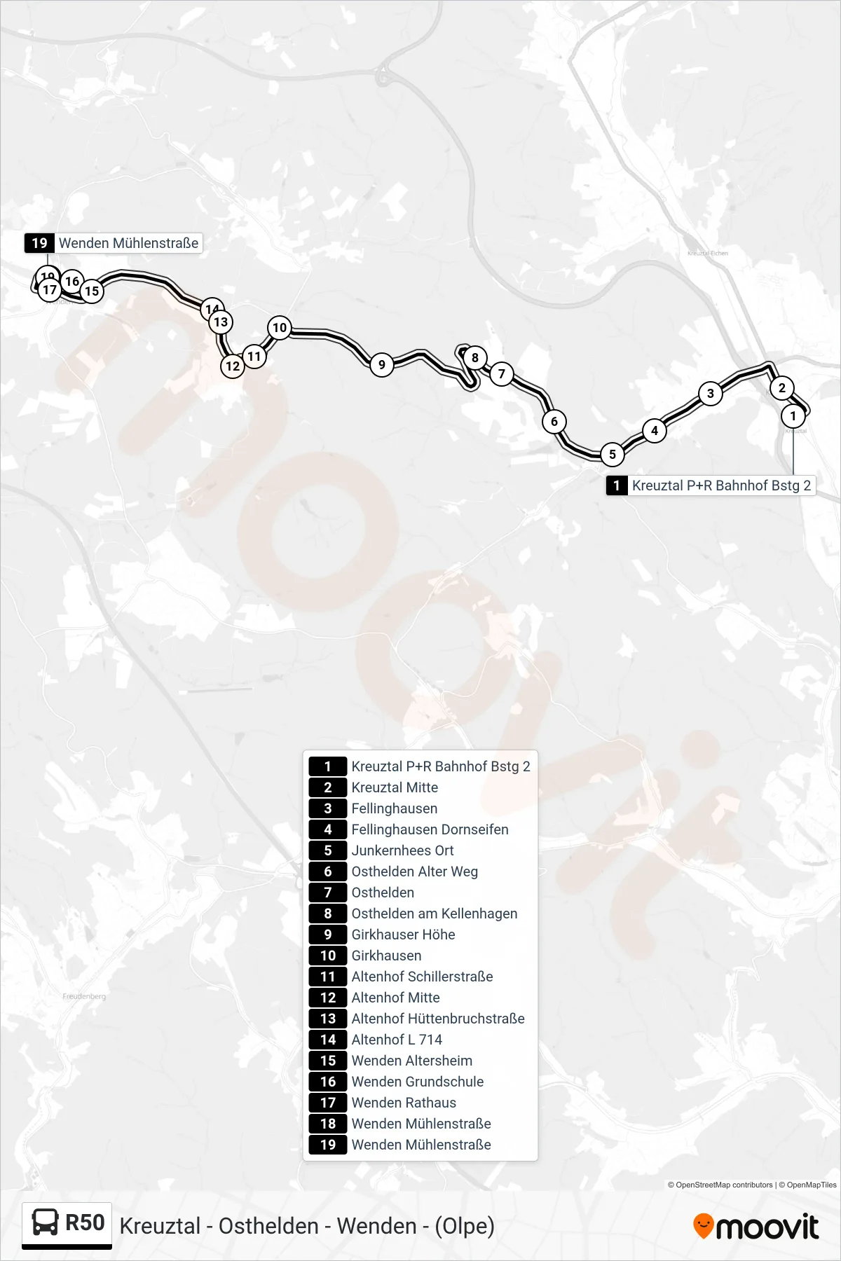 R50 bus Line (Wenden Mühlenstraße) route and stops on a map