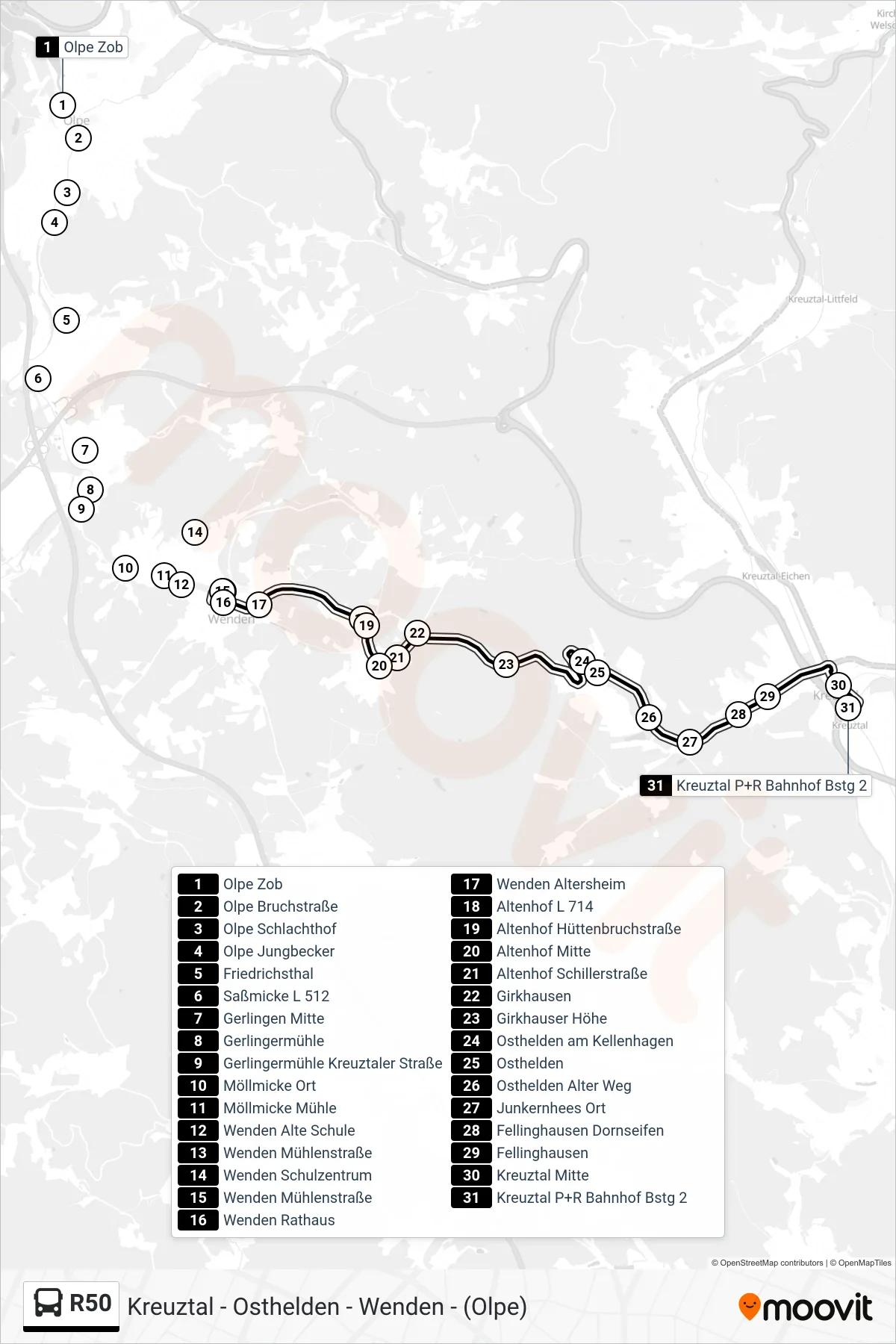 R50 bus Line (Kreuztal P+R Bahnhof Bstg 2) route and stops on a map