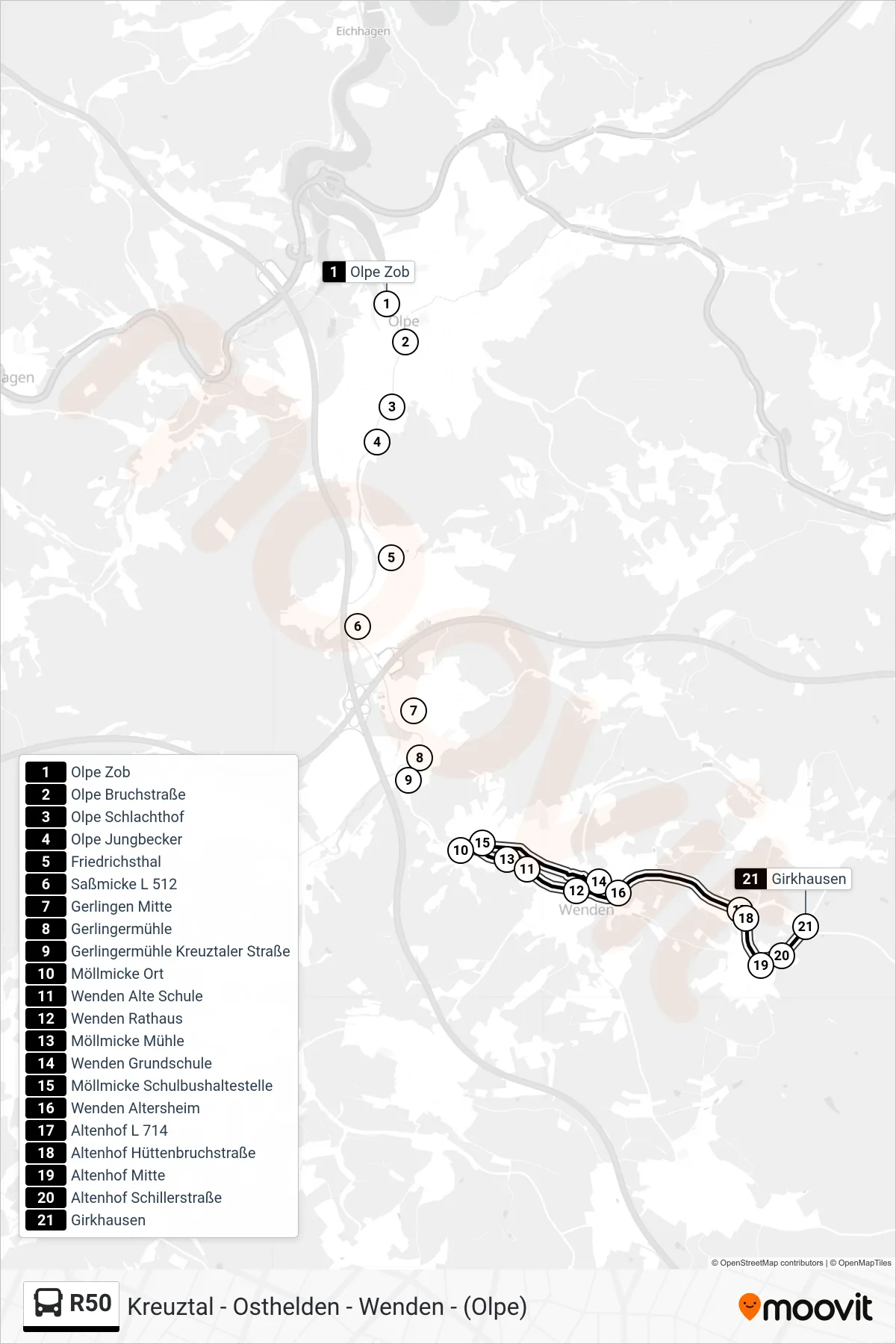 R50 bus Line (Girkhausen) route and stops on a map