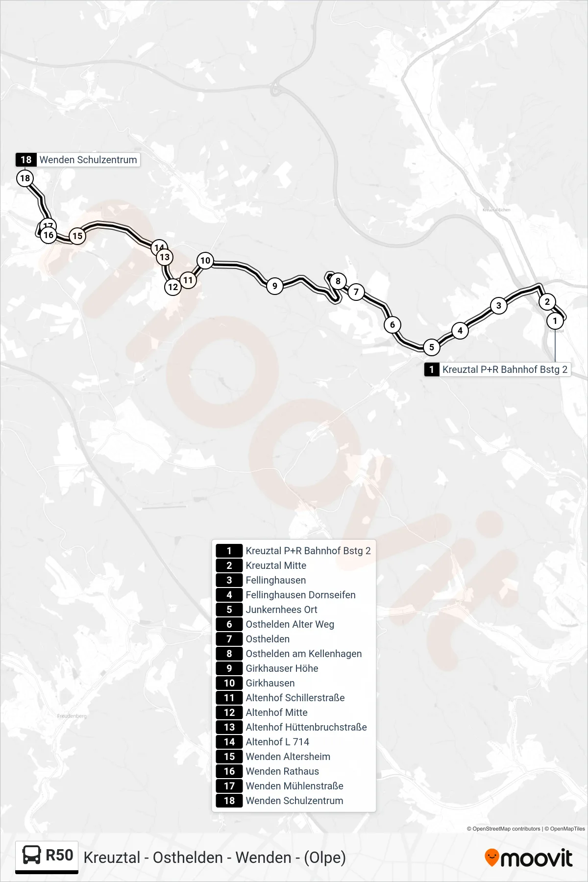 R50 bus Line (Wenden Schulzentrum) route and stops on a map