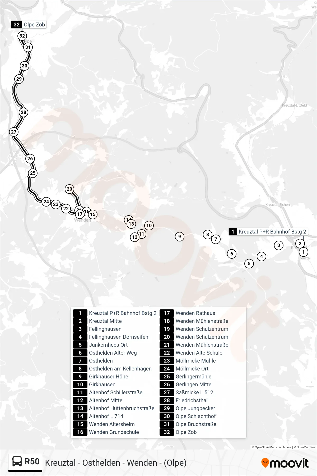 Linie R50 (Bus) Richtung Olpe Zob Bstg 10: Route und Haltestellen auf der Karte