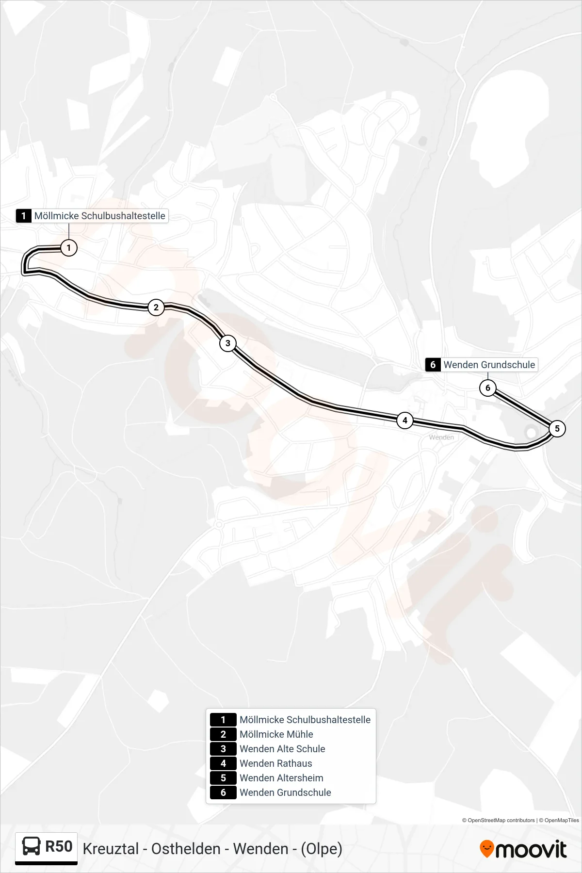 R50 bus Line (Wenden Grundschule) route and stops on a map