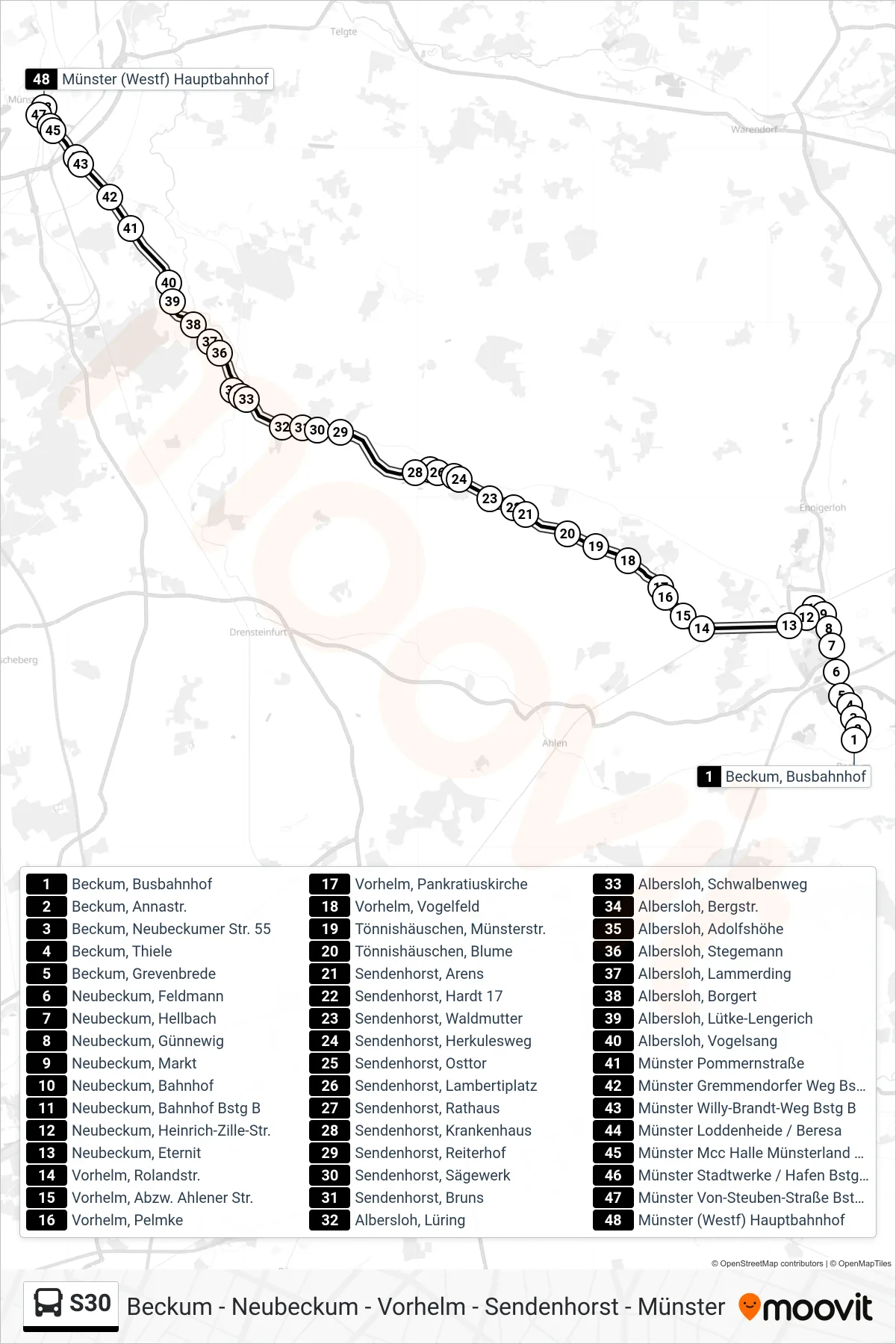 S30 bus Line (Münster (Westf) Hauptbahnhof Bstg A) route and stops on a map