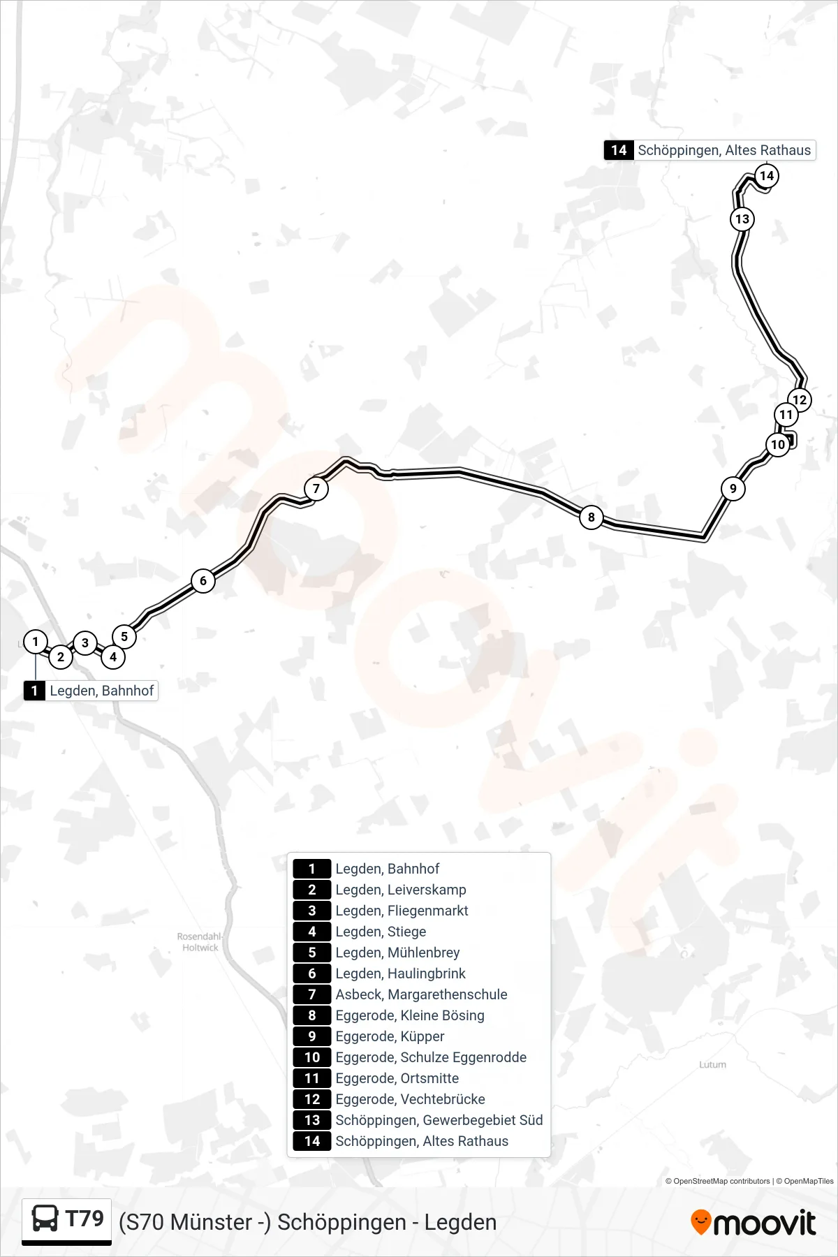 T79 bus Line (Schöppingen, Altes Rathaus) route and stops on a map