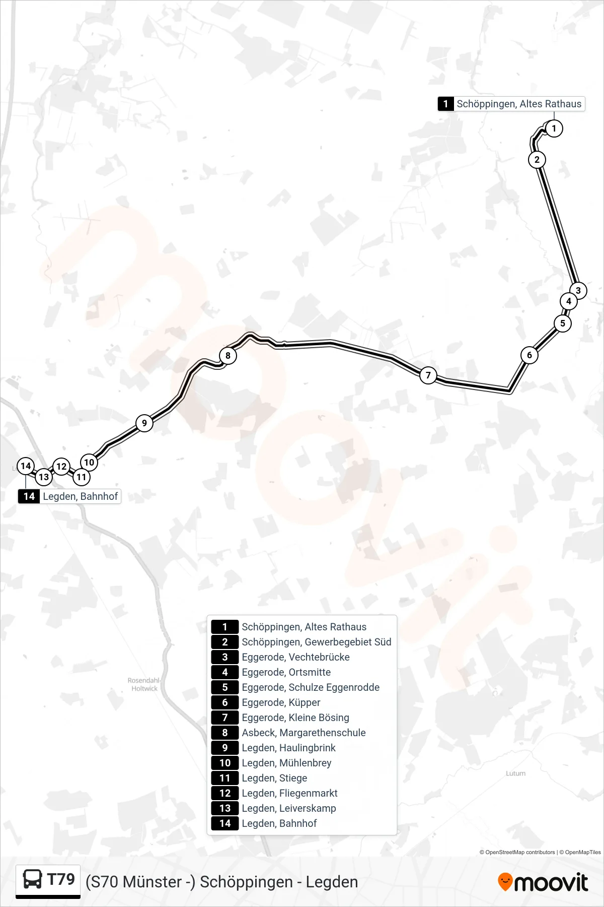 Linie T79 (Bus) Richtung Legden, Bahnhof: Route und Haltestellen auf der Karte
