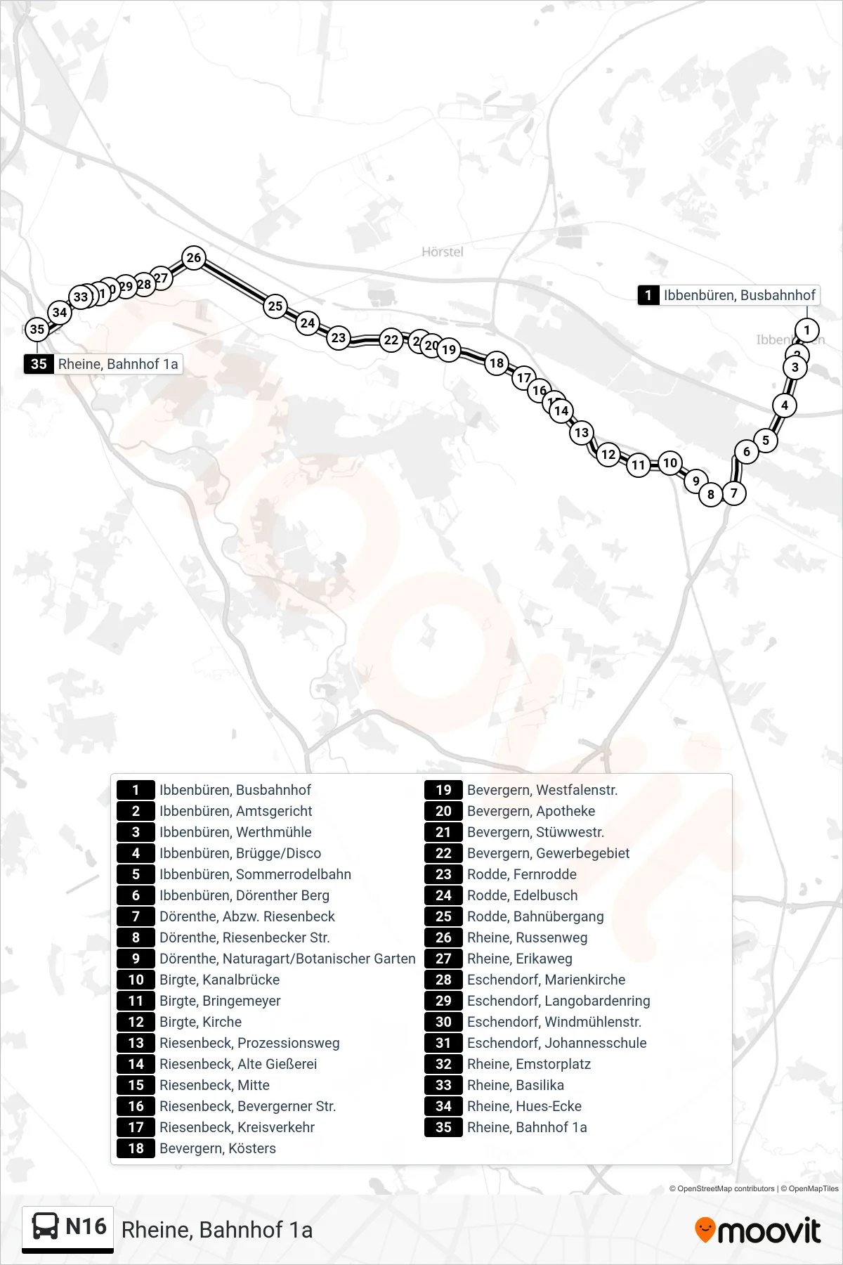 Linie N16 (Bus) Richtung Rheine, Bahnhof 1a: Route und Haltestellen auf der Karte