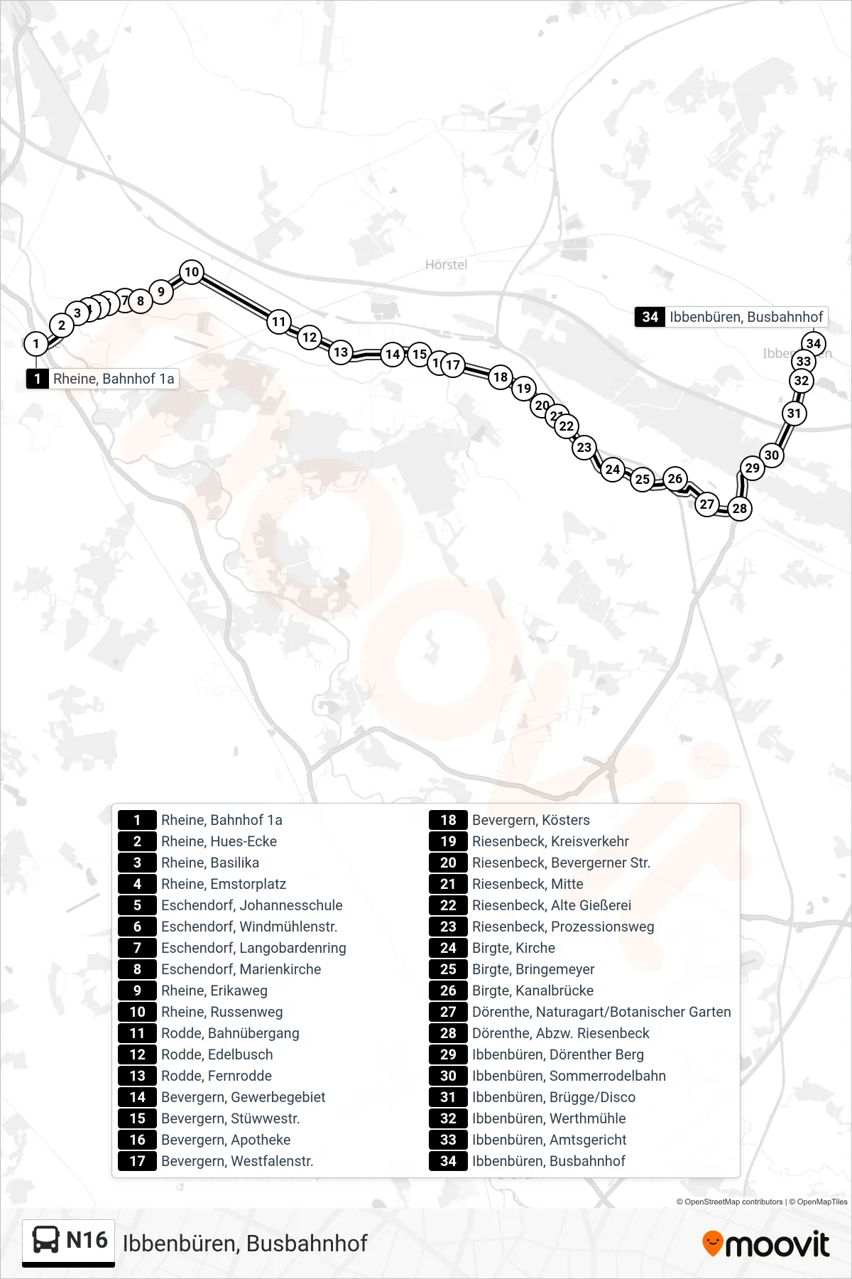 Linie N16 (Bus) Richtung Ibbenbüren, Busbahnhof: Route und Haltestellen auf der Karte
