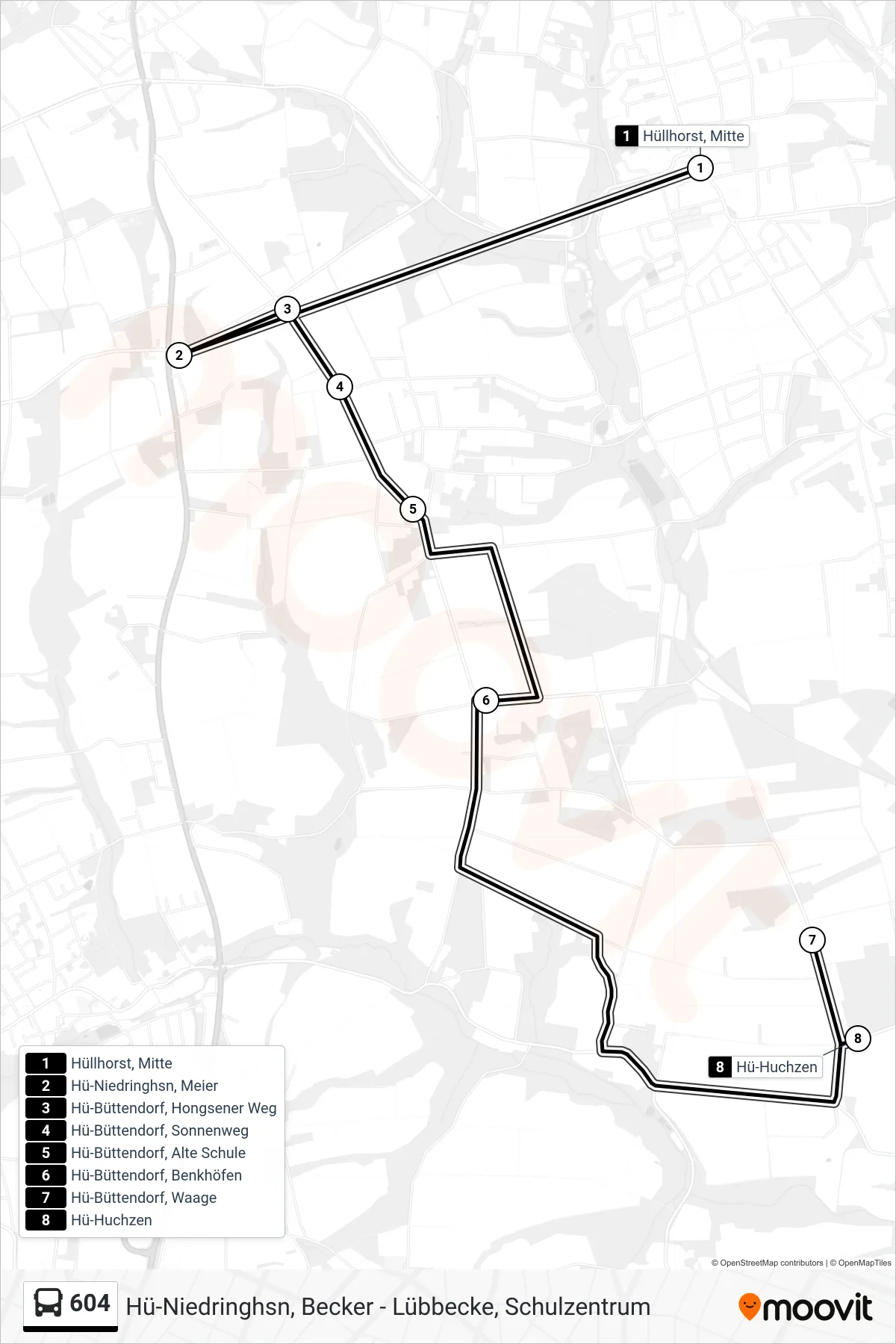 Linie 604 (Bus) Richtung Huchzen Üb. Büttendorf: Route und Haltestellen auf der Karte
