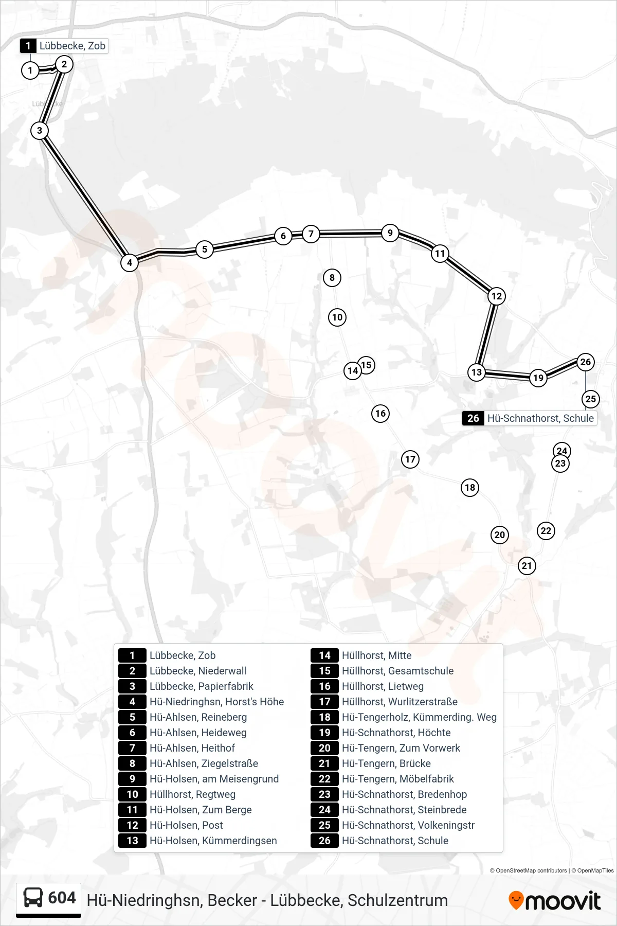 604 bus Line (Schnathorst Schule) route and stops on a map