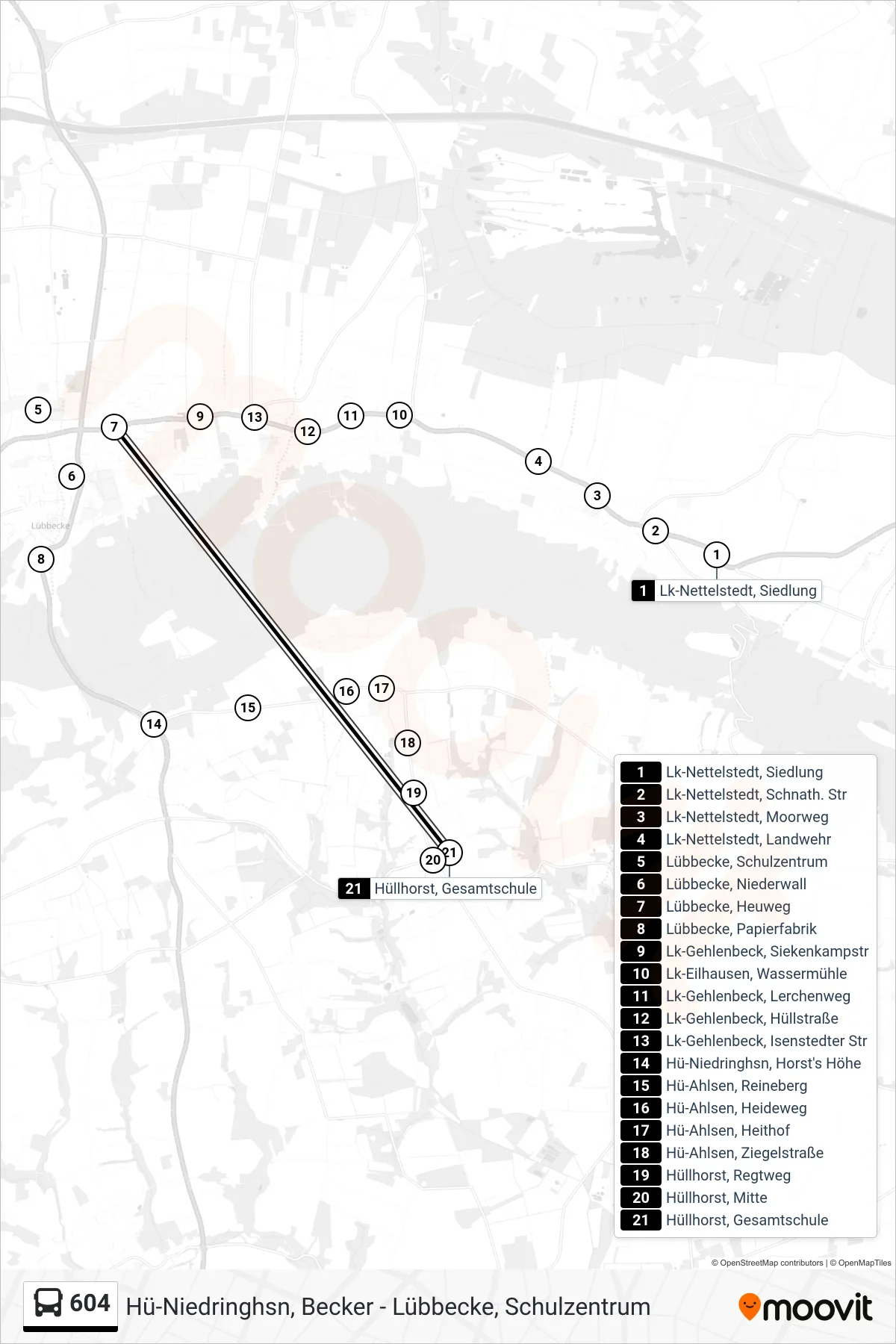604 bus Line (Hüllhorst Gesamtschule) route and stops on a map