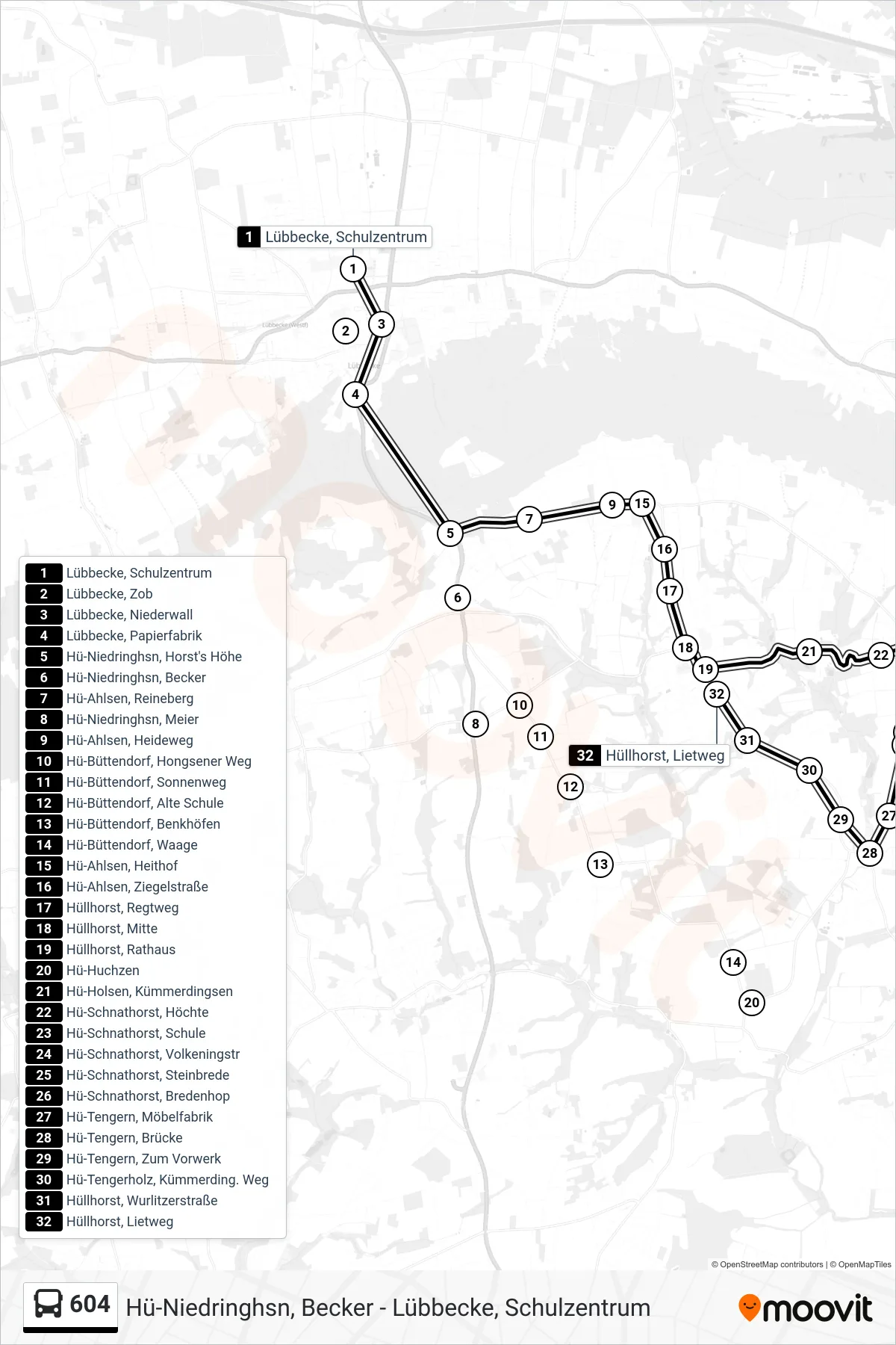604 bus Line (Tengern Brücke) route and stops on a map