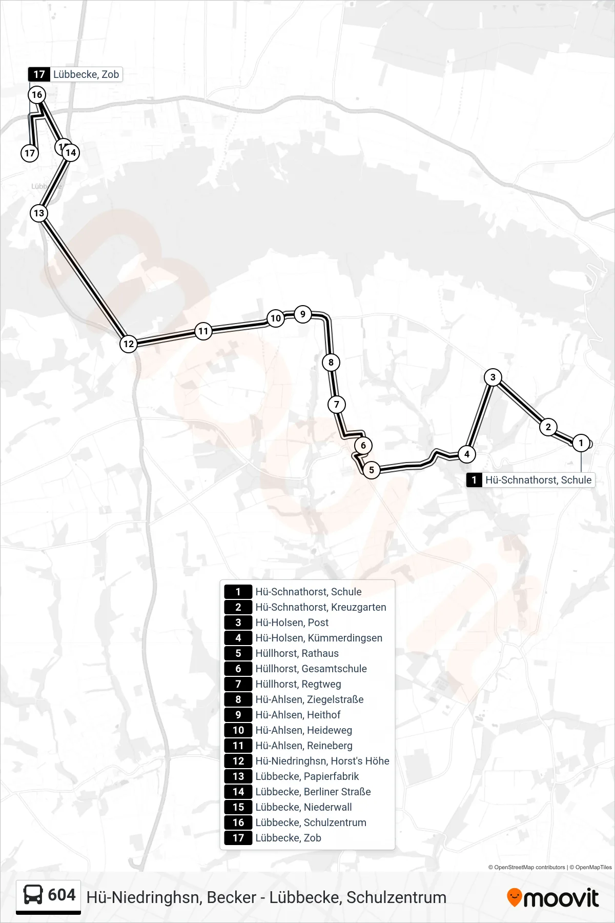 604 bus Line (Lübbecke Zob Üb. Sz (626 Pr. Oldendorf)) route and stops on a map