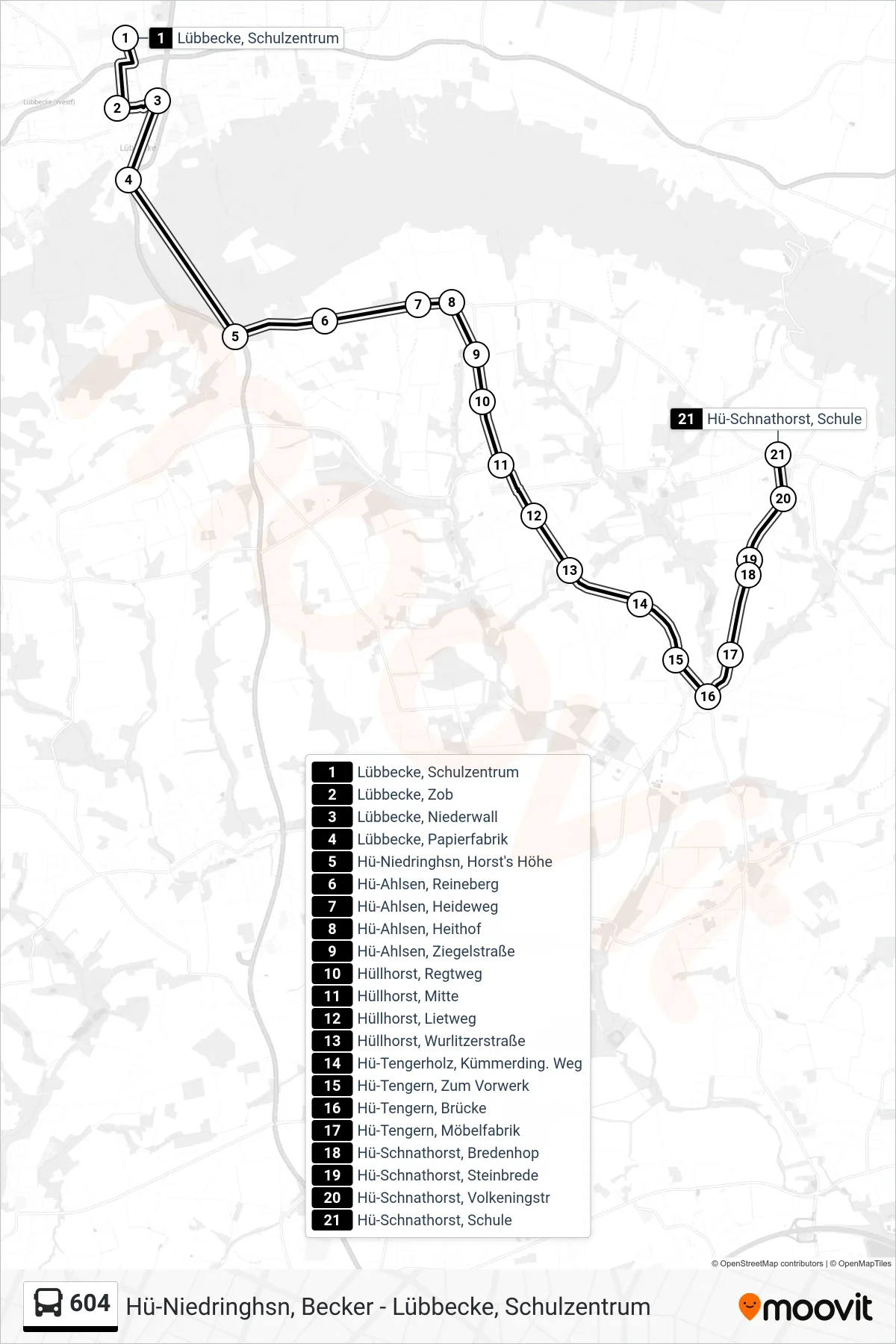 604 bus Line (Schnathorst Üb. Lübbecke Zob) route and stops on a map