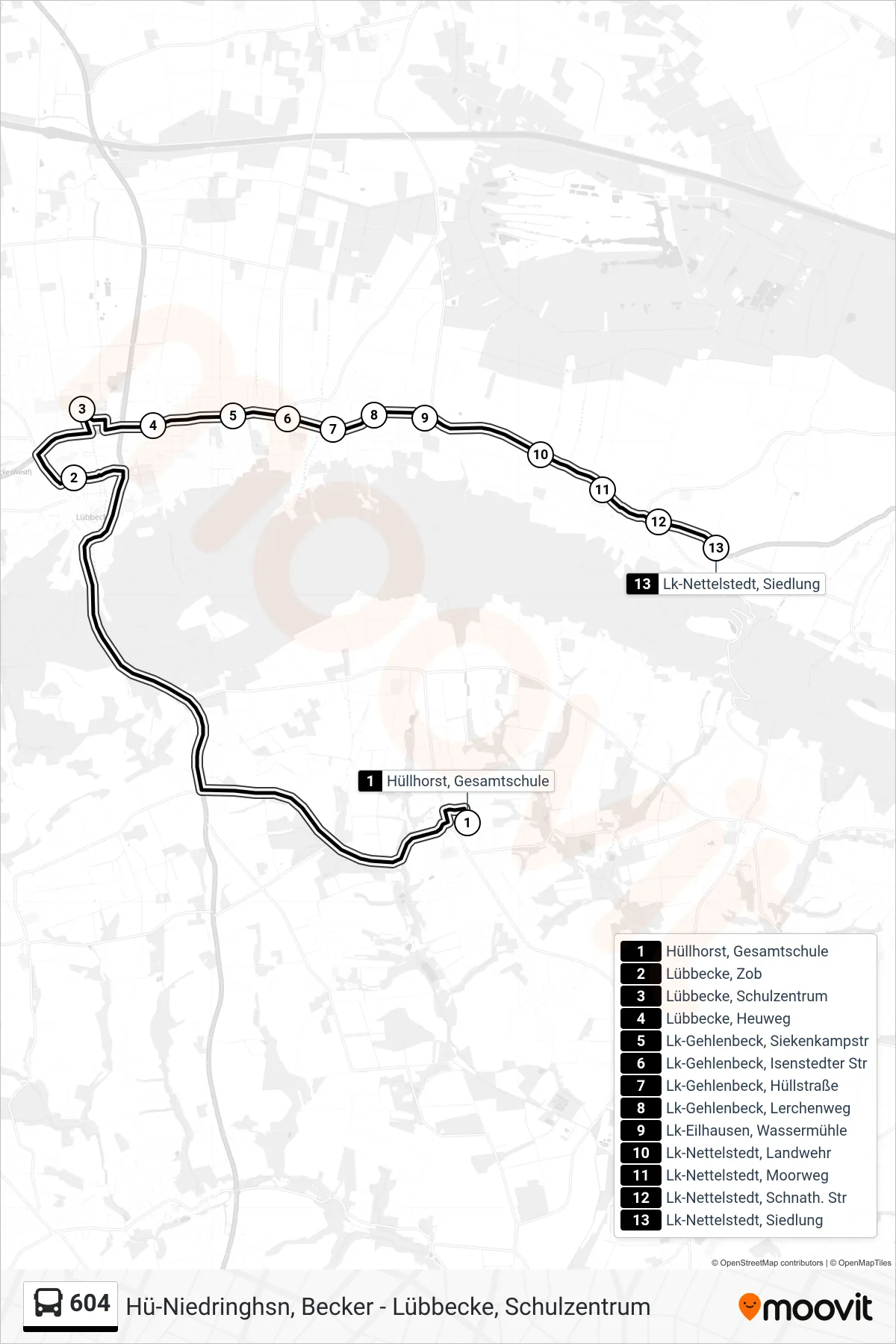 Linie 604 (Bus) Richtung Lübb. Nettelstedt Üb. Zob Und Schulzentrum: Route und Haltestellen auf der Karte