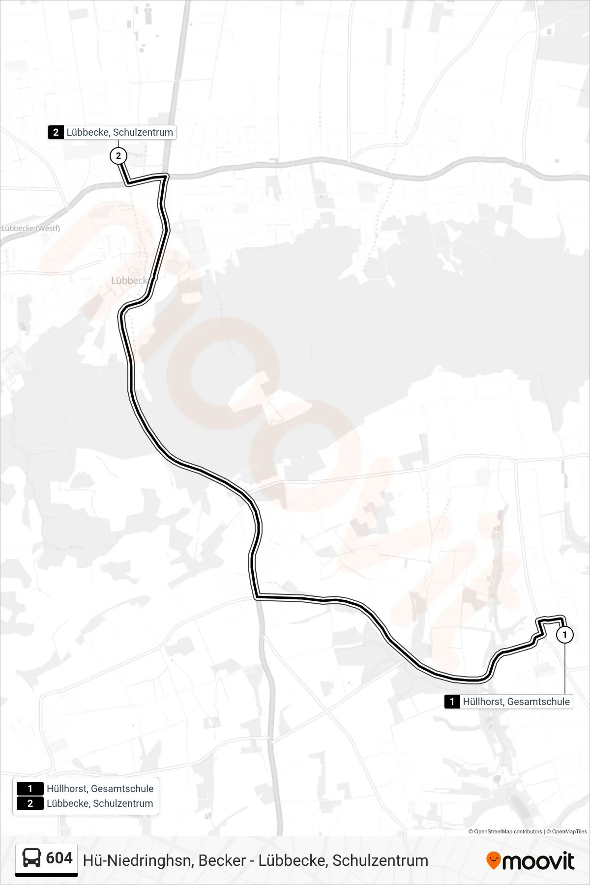 604 bus Line (Lübb. Schulzentrum Direktbus Ohne Halt) route and stops on a map