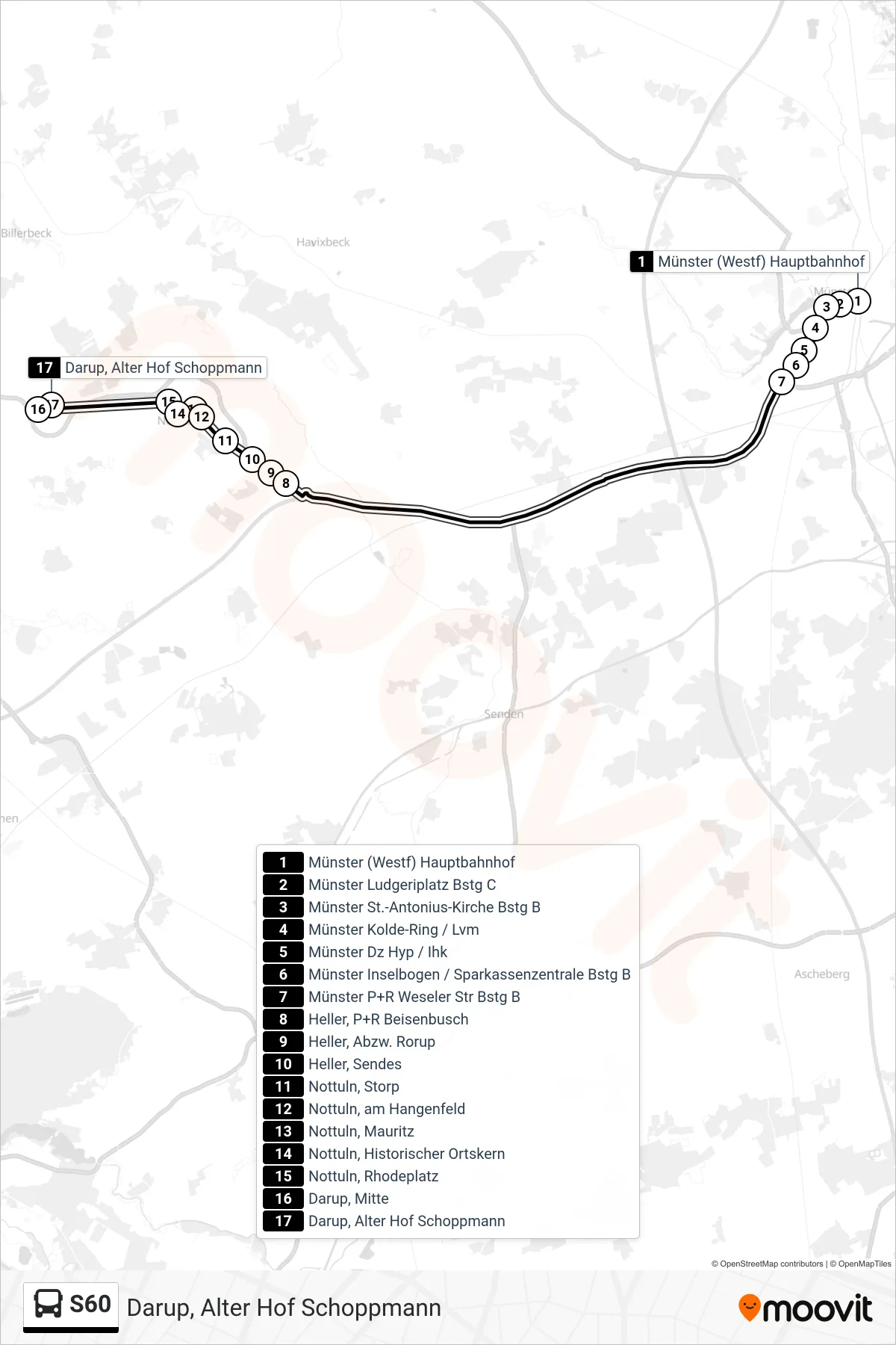 S60 bus Line (Darup, Alter Hof Schoppmann) route and stops on a map