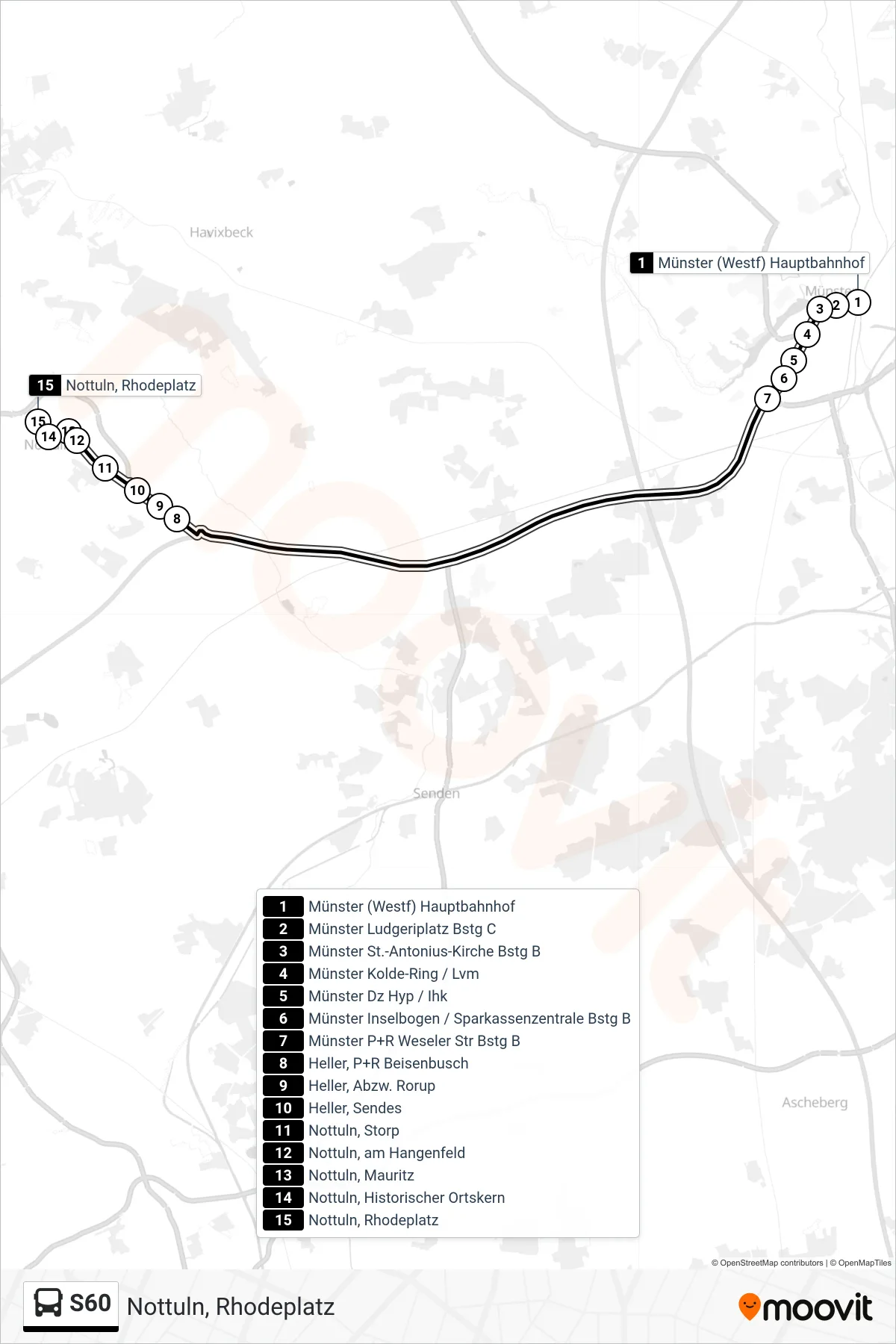 Linie S60 (Bus) Richtung Nottuln, Rhodeplatz: Route und Haltestellen auf der Karte