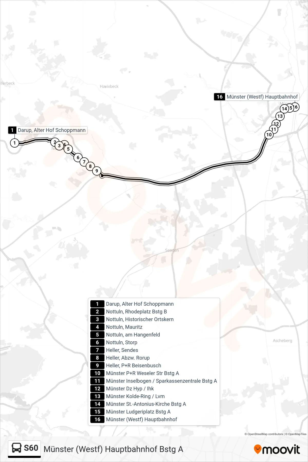 S60 bus Line (Münster (Westf) Hauptbahnhof Bstg A) route and stops on a map