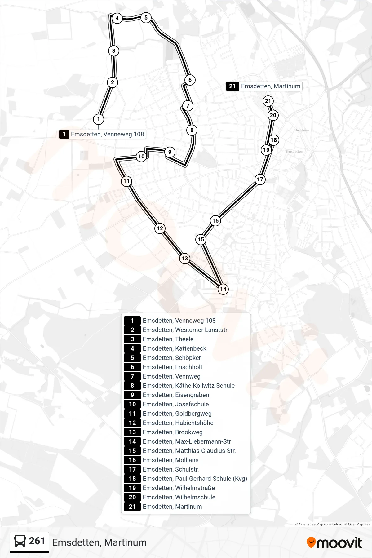 Linie 261 (Bus) Richtung Emsdetten, Martinum: Route und Haltestellen auf der Karte