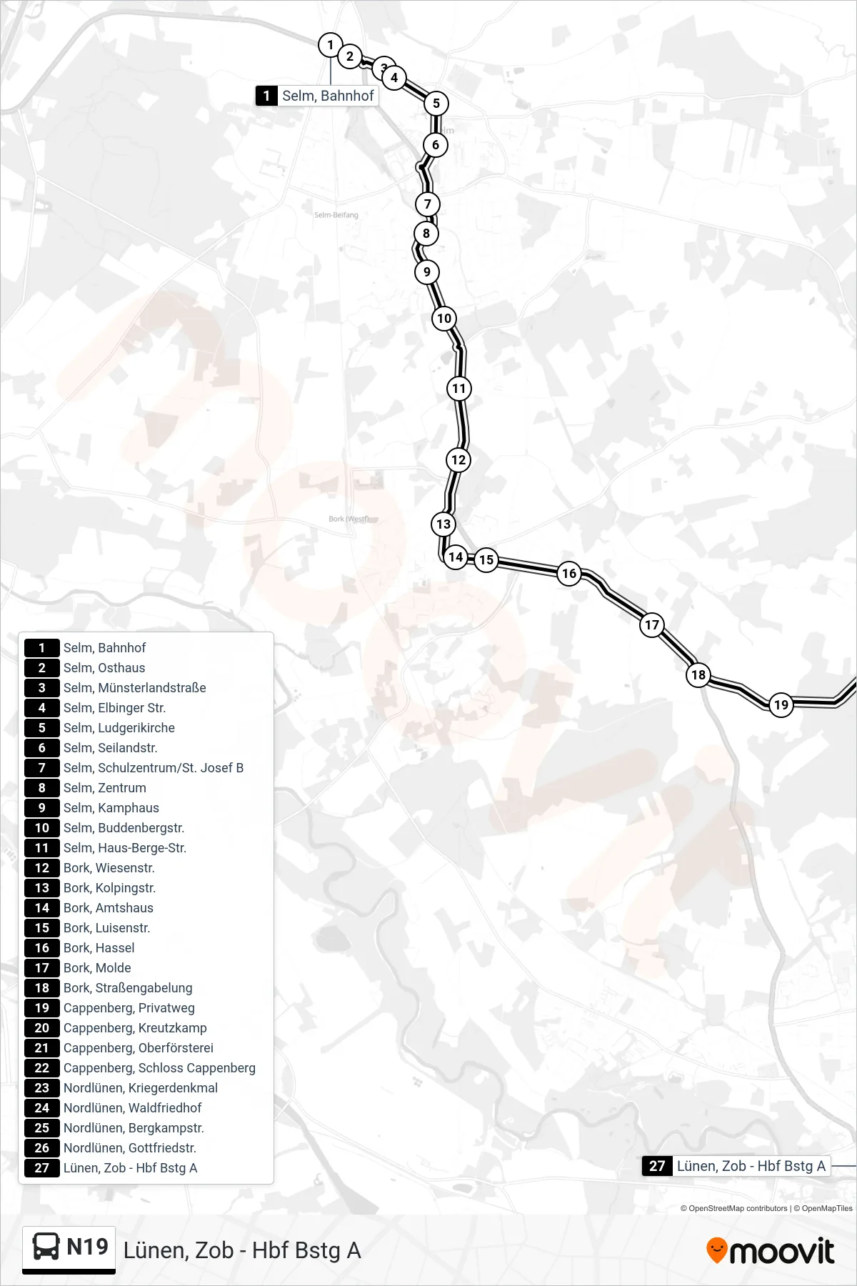 Linie N19 (Bus) Richtung Lünen, Zob - Hbf Bstg A: Route und Haltestellen auf der Karte