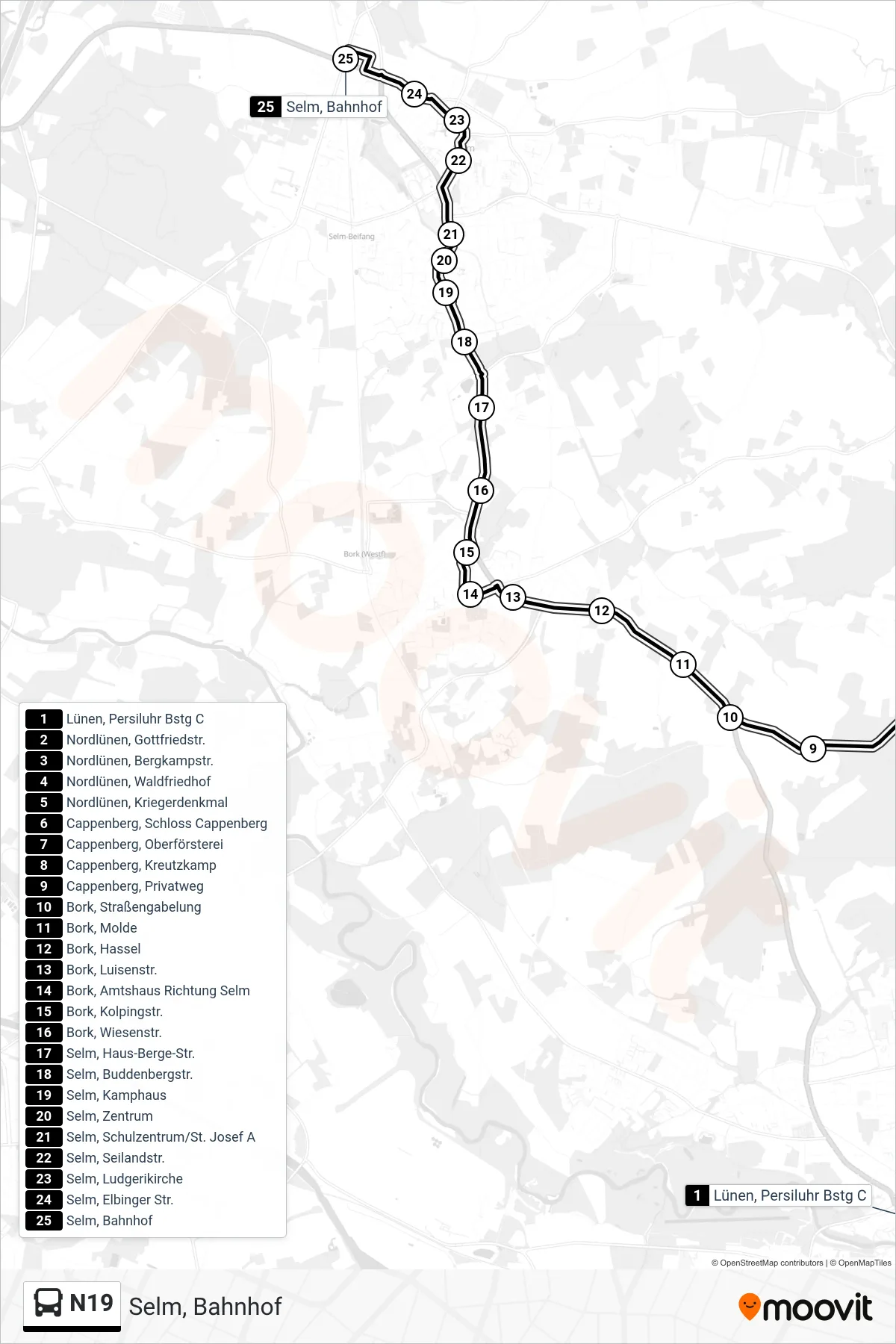 Linie N19 (Bus) Richtung Selm, Bahnhof: Route und Haltestellen auf der Karte