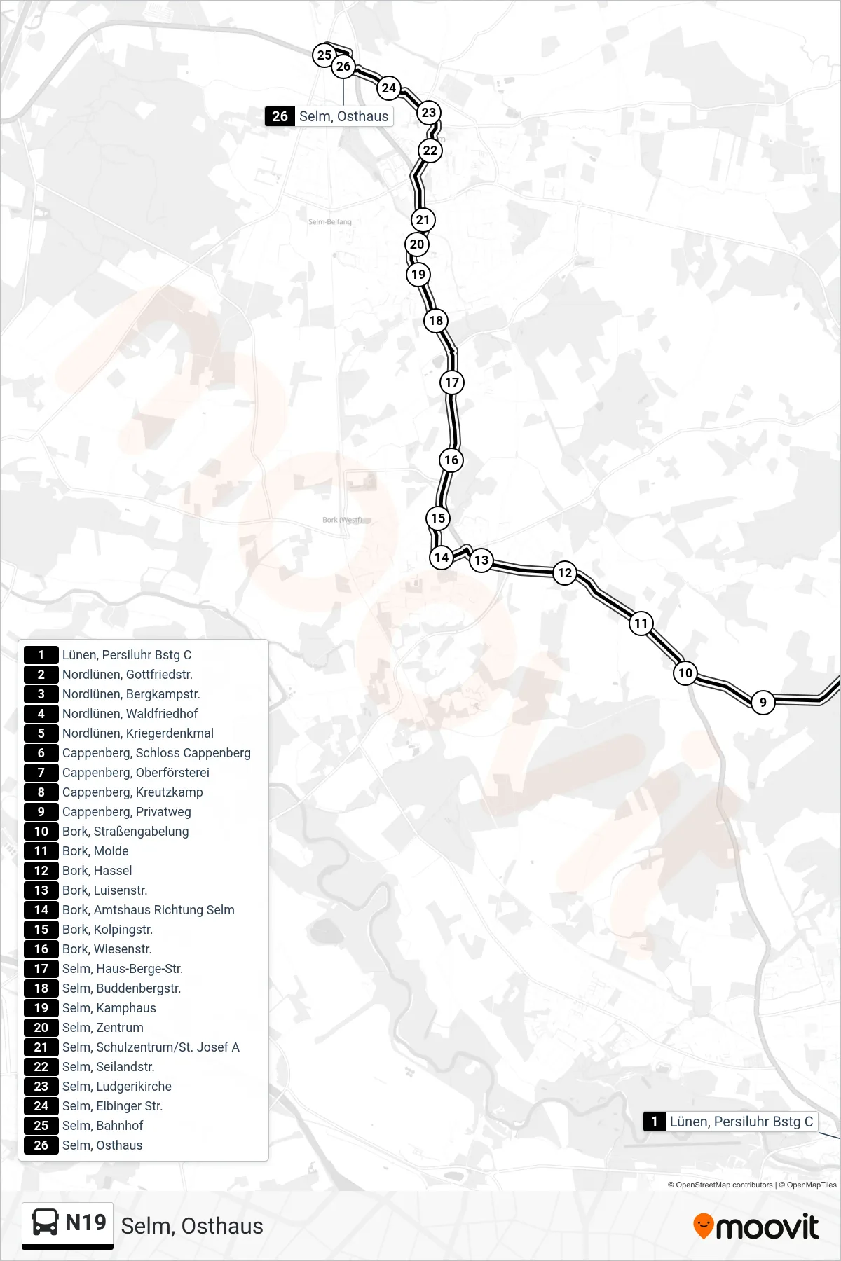 Linie N19 (Bus) Richtung Selm, Osthaus: Route und Haltestellen auf der Karte