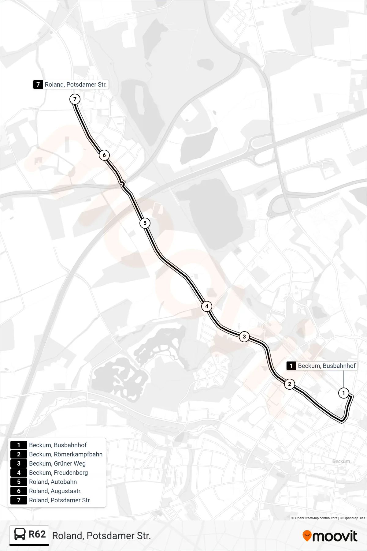 R62 bus Line (Roland, Potsdamer Str.) route and stops on a map