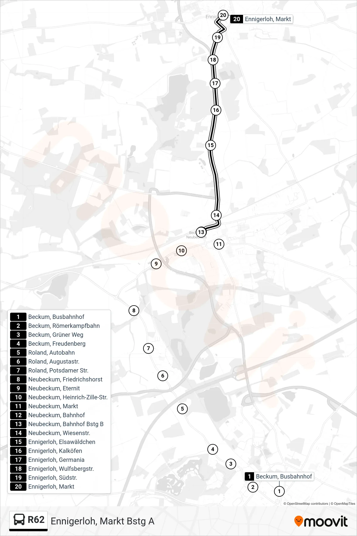 Linie R62 (Bus) Richtung Ennigerloh, Markt Bstg A: Route und Haltestellen auf der Karte