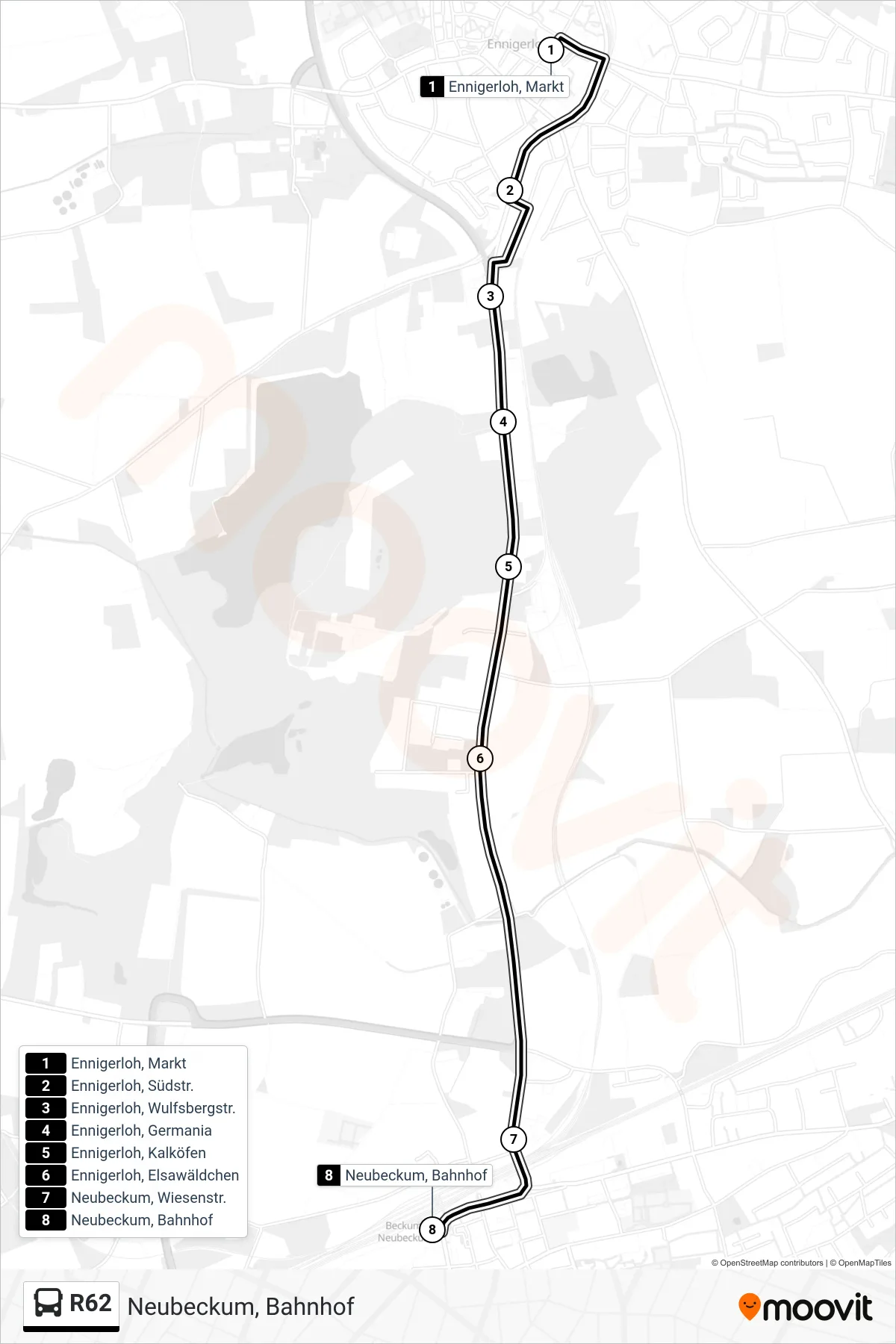 R62 bus Line (Neubeckum, Bahnhof) route and stops on a map
