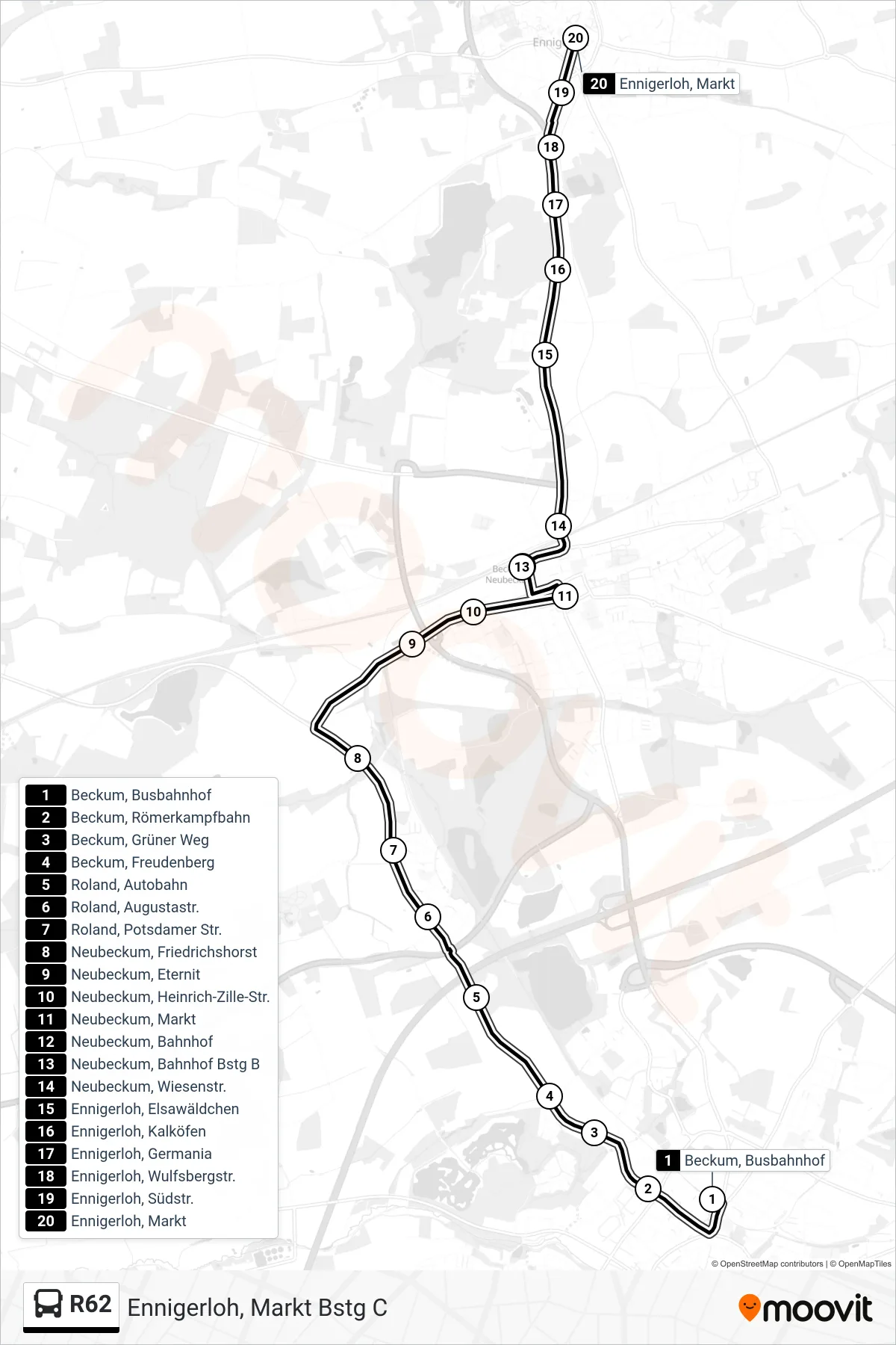 R62 bus Line (Ennigerloh, Markt Bstg C) route and stops on a map