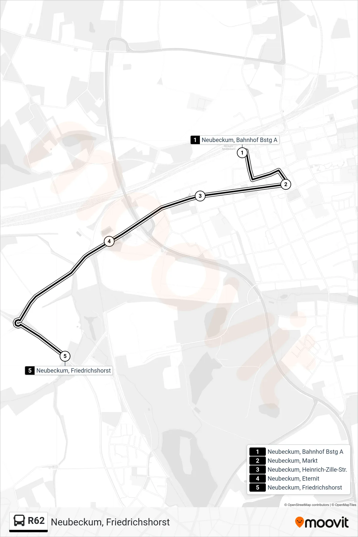 R62 bus Line (Neubeckum, Friedrichshorst) route and stops on a map