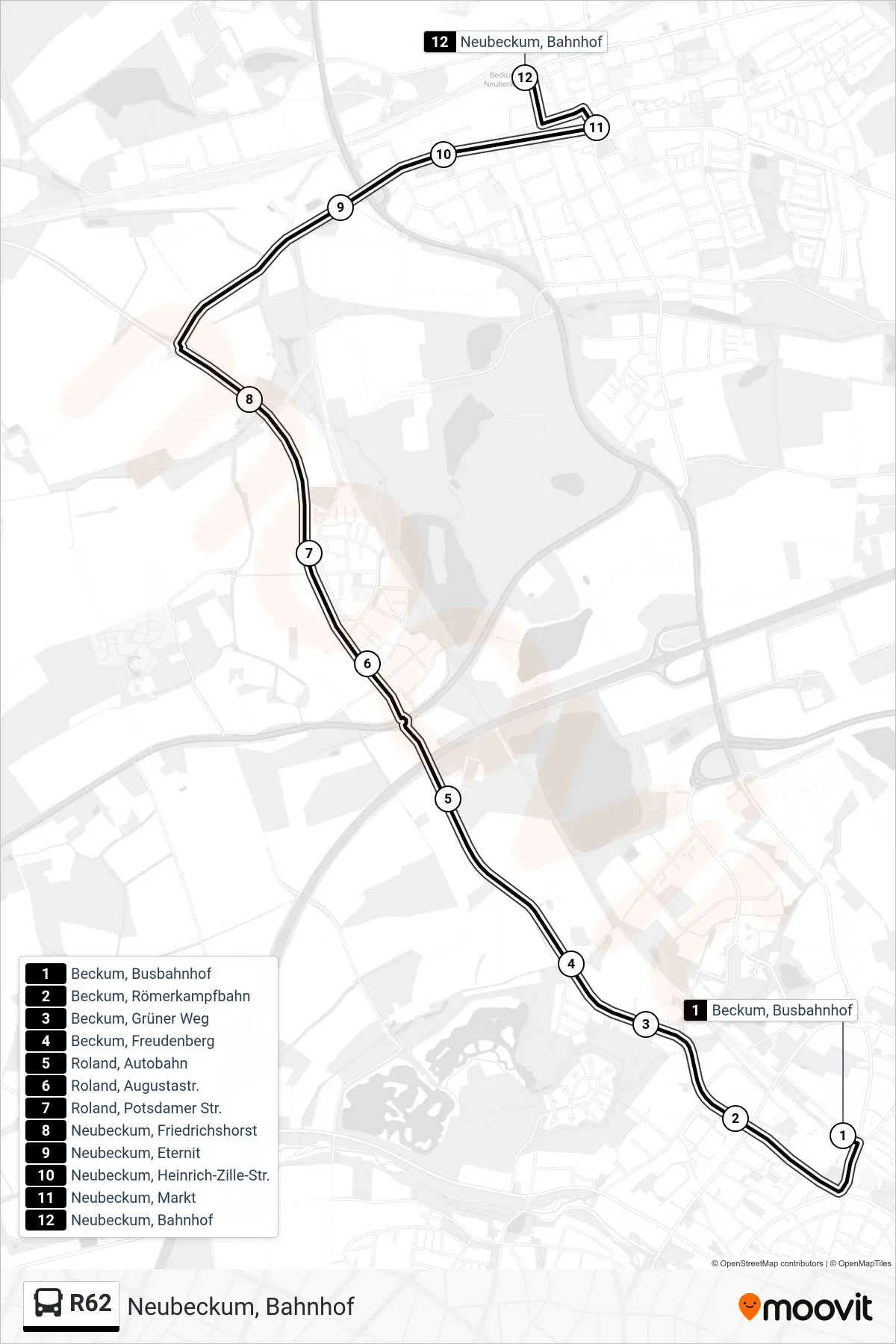 R62 bus Line (Neubeckum, Bahnhof) route and stops on a map
