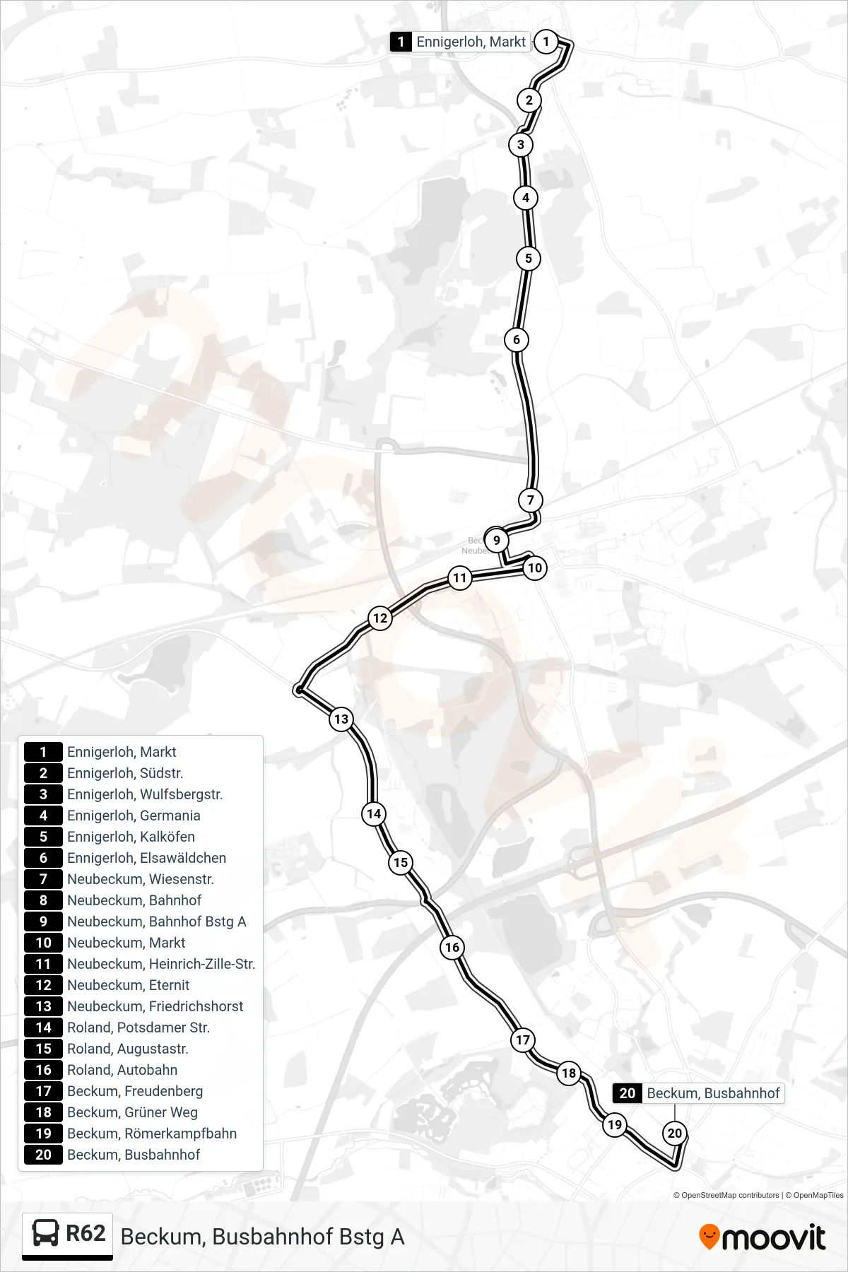R62 bus Line (Beckum, Busbahnhof Bstg A) route and stops on a map