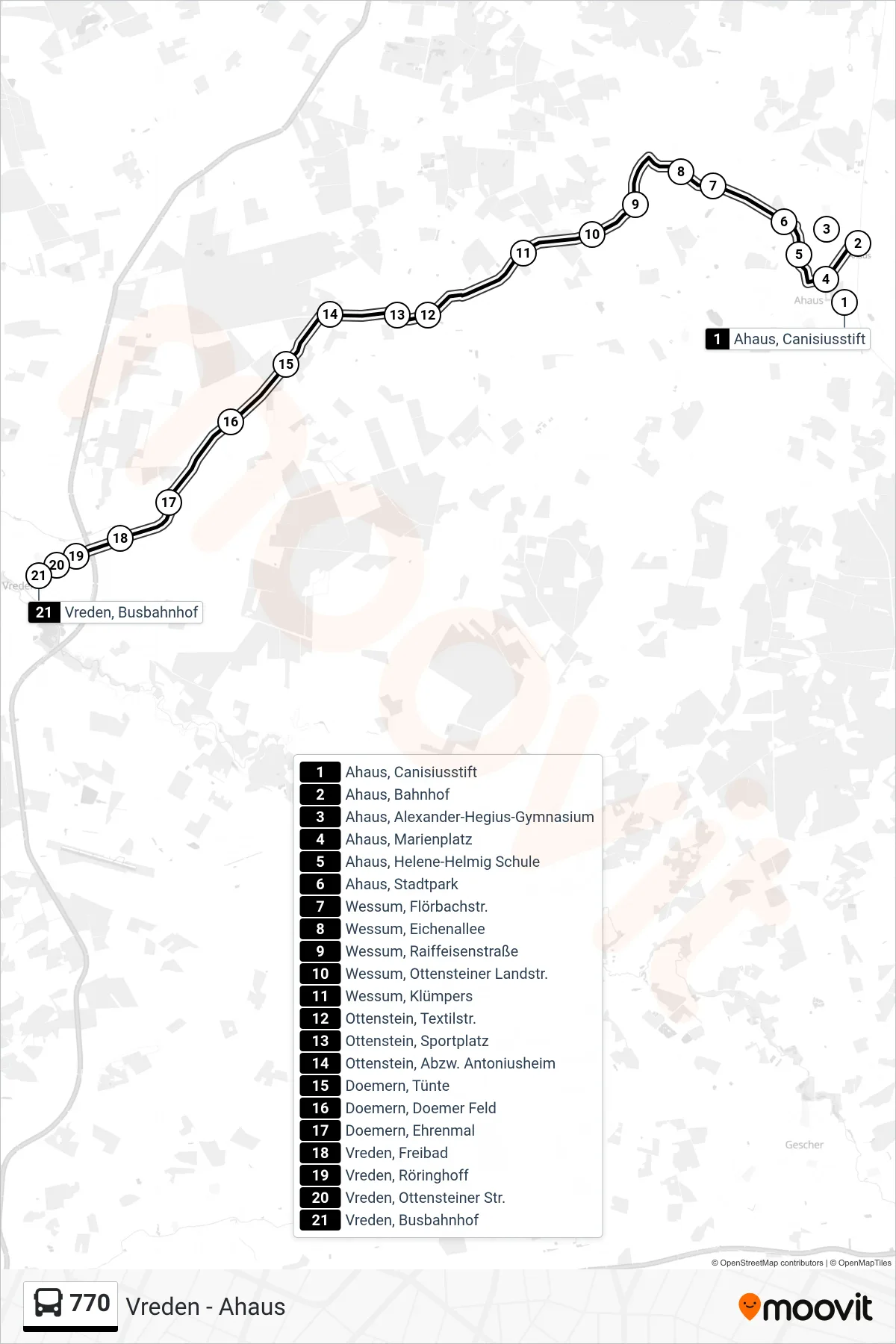 770 bus Line (Vreden, Busbahnhof Bstg A) route and stops on a map