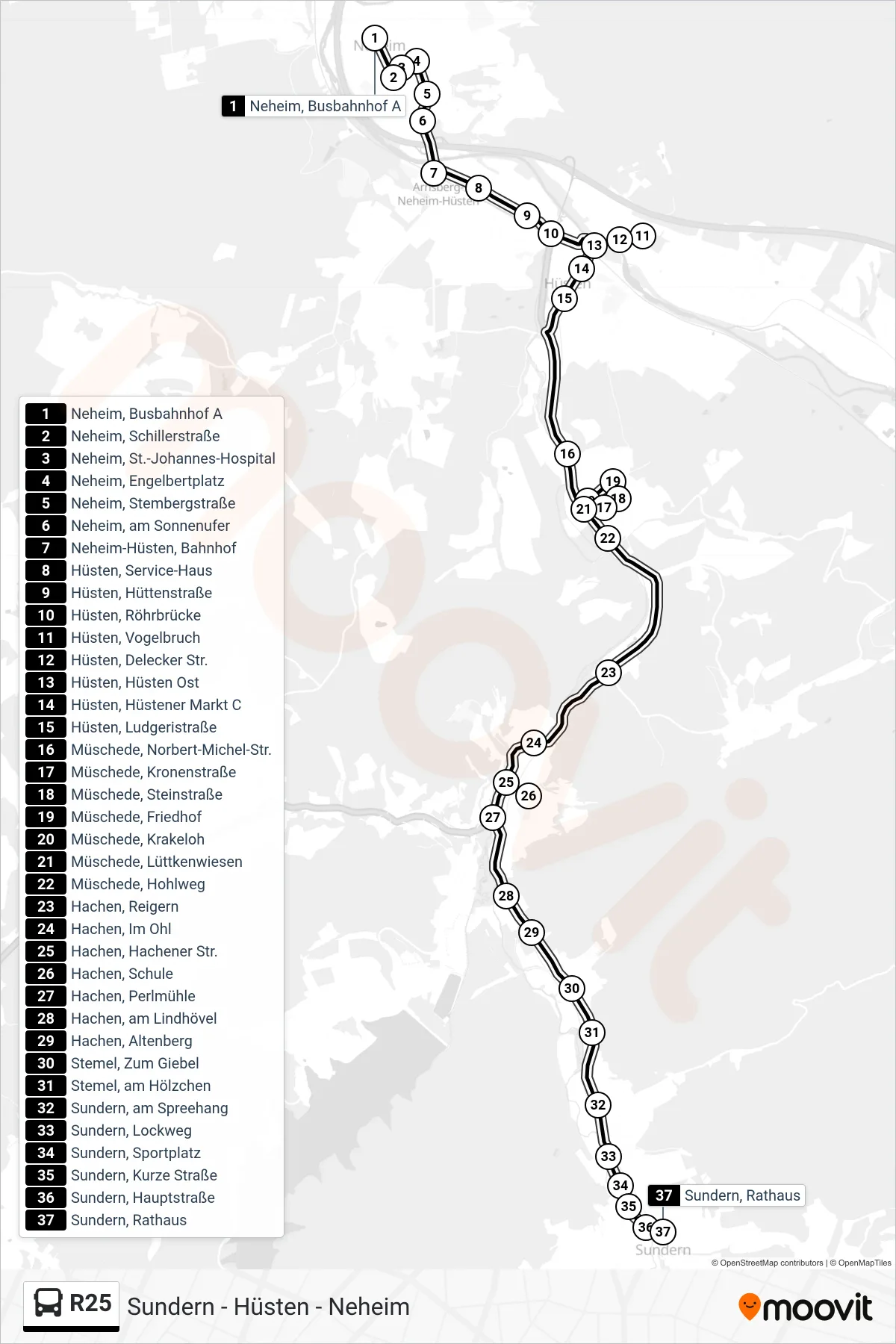 R25 bus Line (Sundern, Rathaus) route and stops on a map