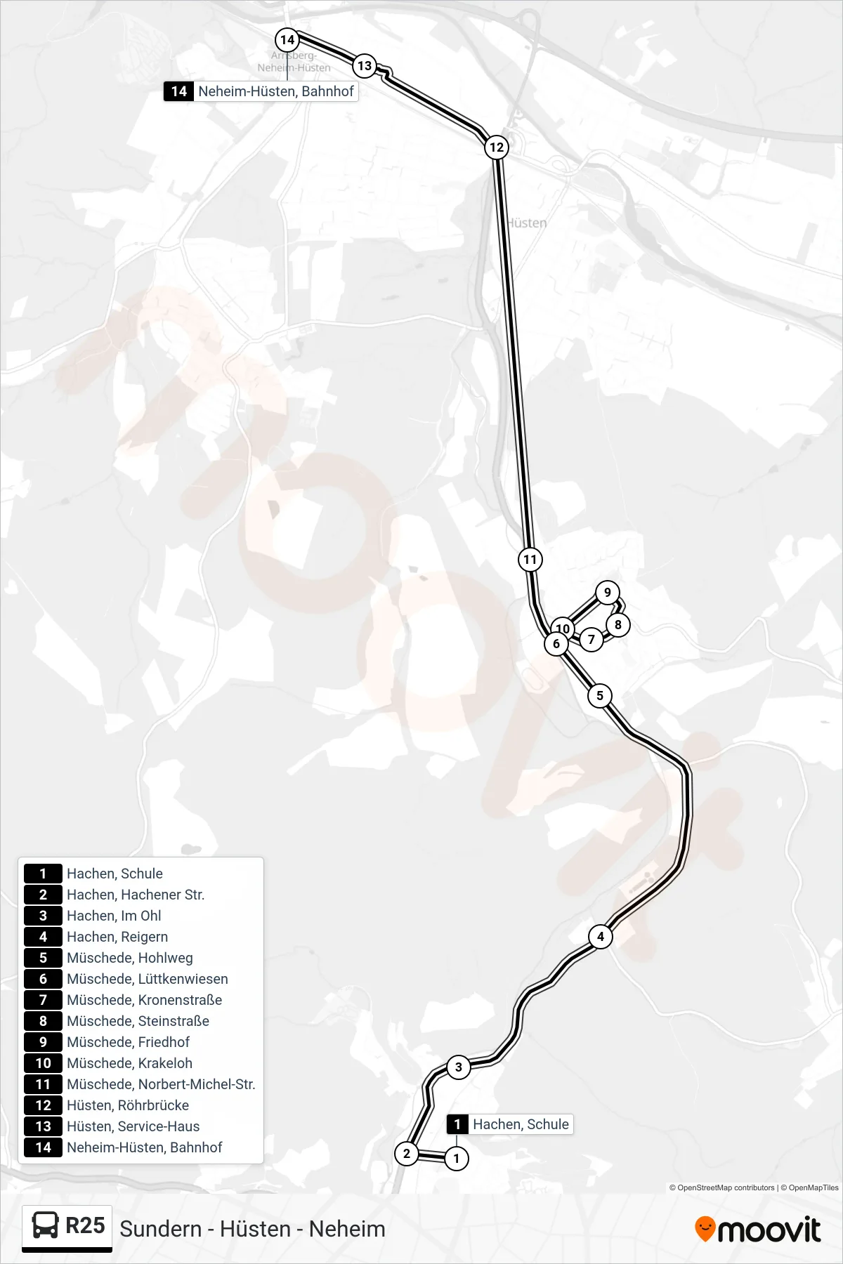 R25 bus Line (Neheim-Hüsten, Bahnhof B) route and stops on a map