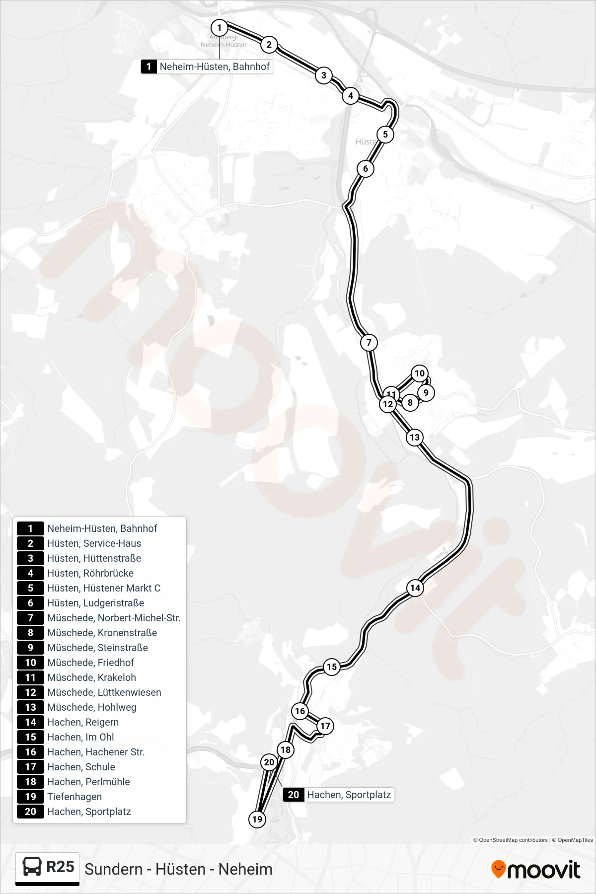 R25 bus Line (Hachen, Sportplatz) route and stops on a map