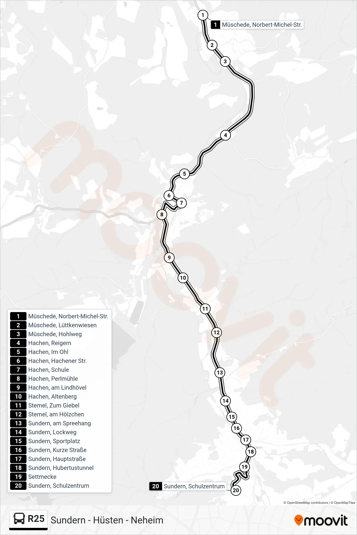 R25 bus Line (Sundern, Schulzentrum) route and stops on a map