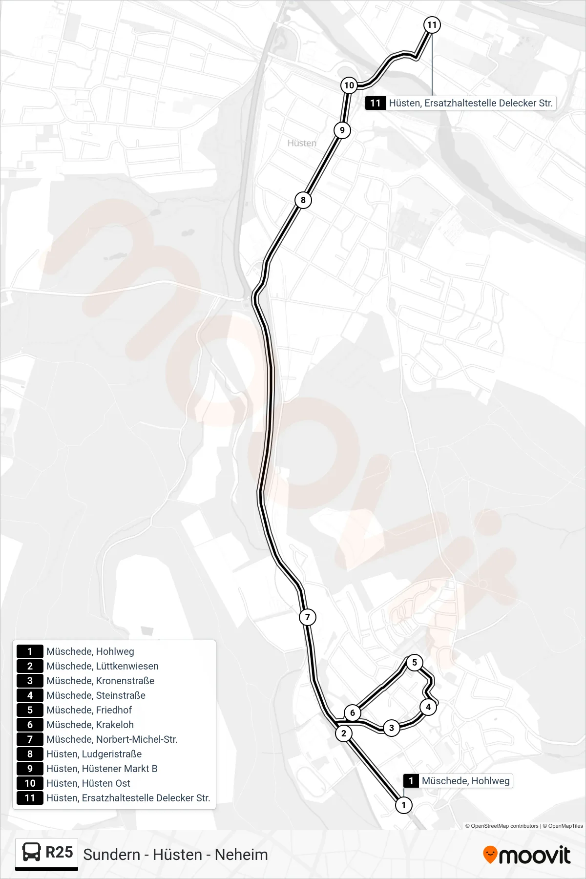 R25 bus Line (Hüsten, Ersatzhaltestelle Delecker Str.) route and stops on a map