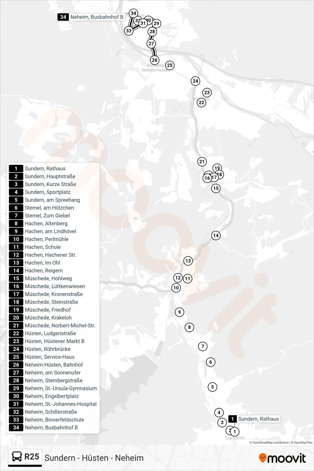 R25 bus Line (Neheim, Busbahnhof B) route and stops on a map