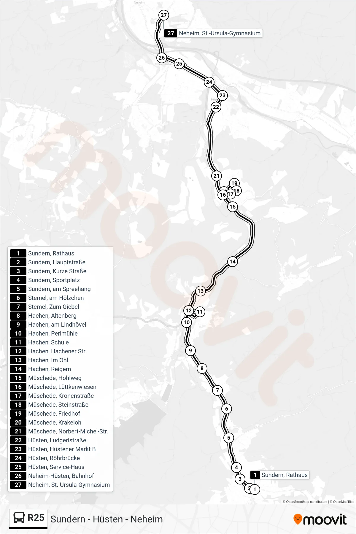 R25 bus Line (Neheim, St.-Ursula-Gymnasium) route and stops on a map