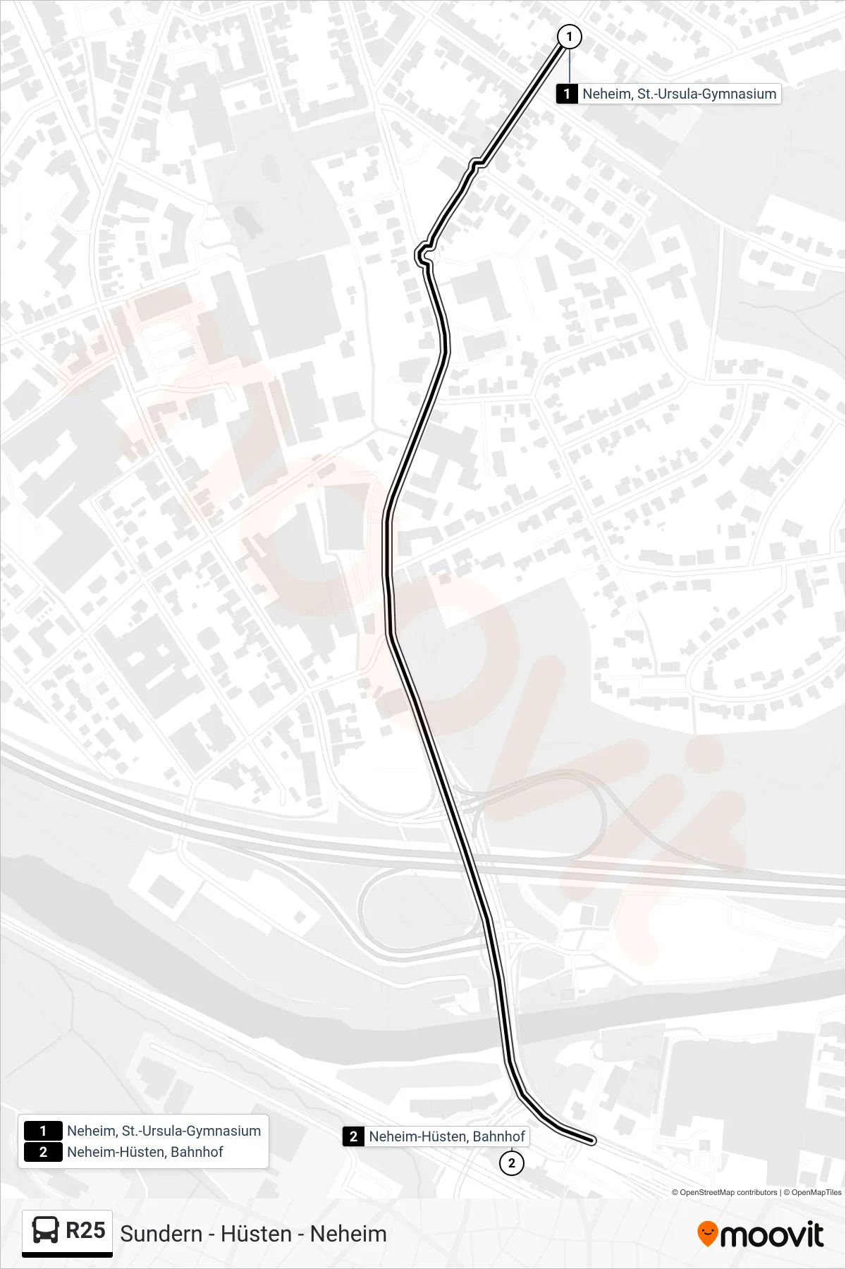 R25 bus Line (Neheim-Hüsten, Bahnhof E) route and stops on a map