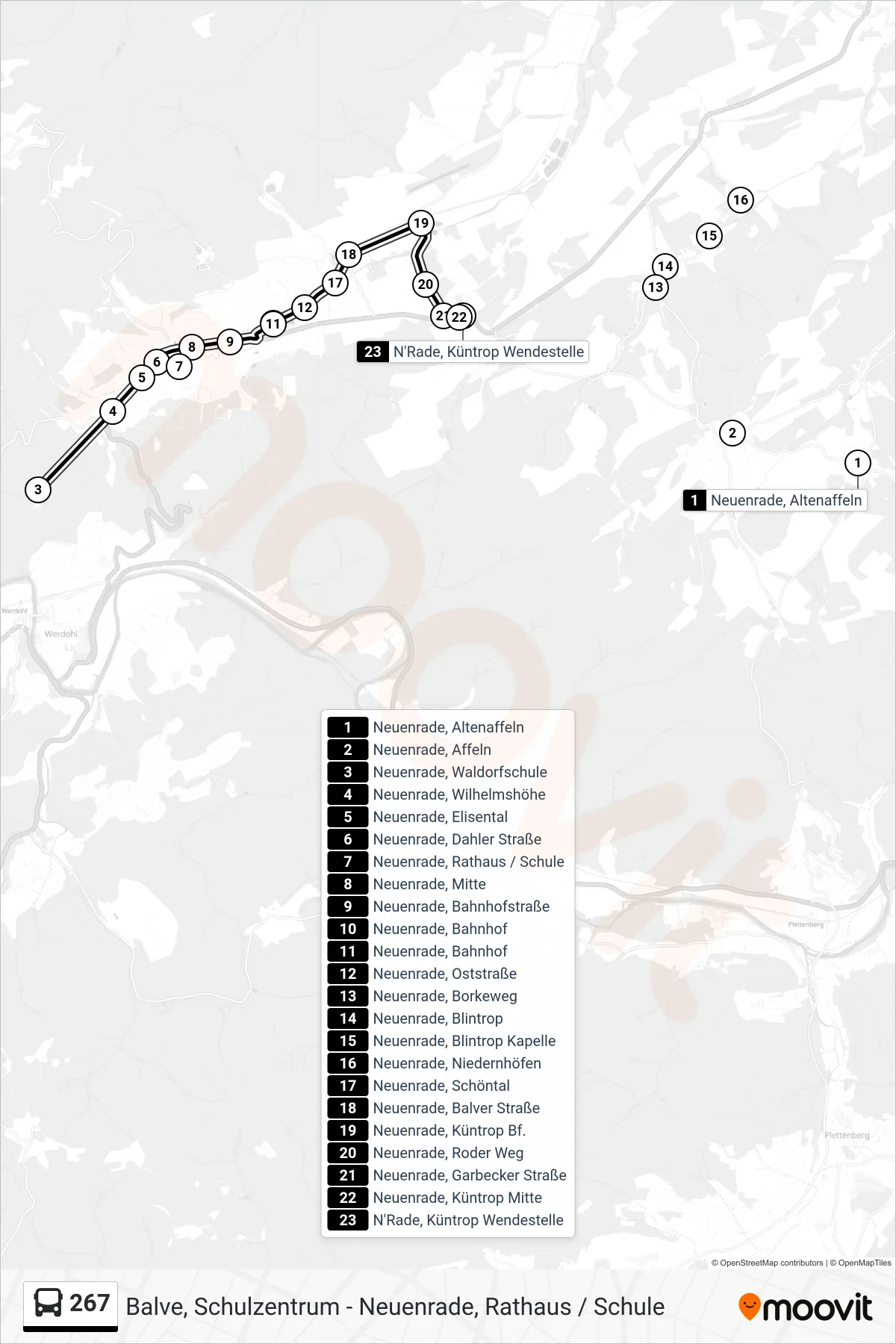 267 bus Line (N'Rade, Küntrop Wendestelle) route and stops on a map