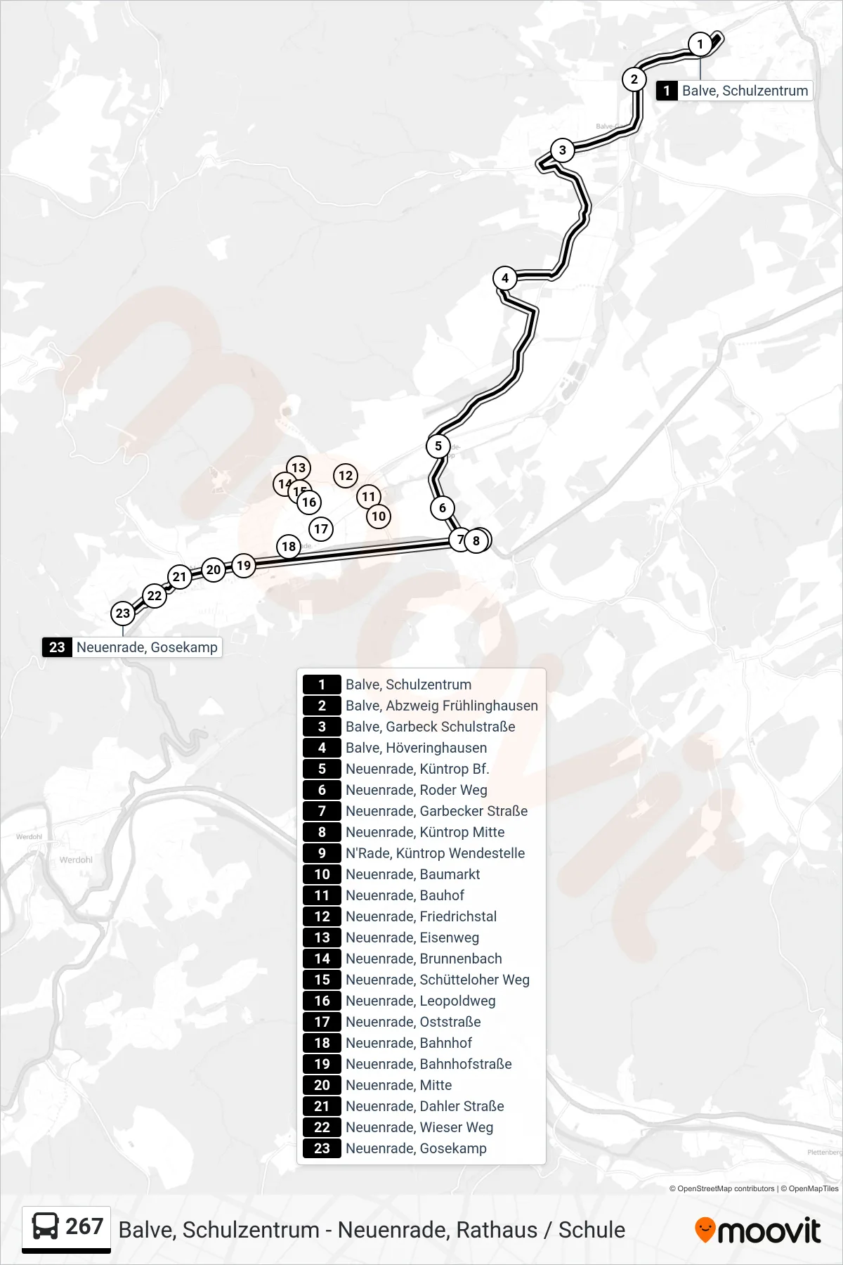 267 bus Line (Neuenrade, Gosekamp) route and stops on a map