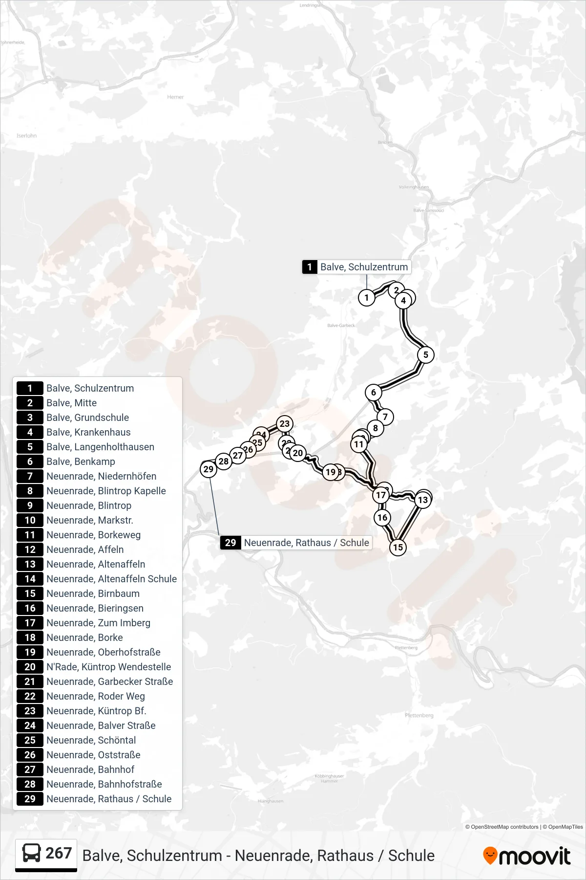 267 bus Line (Neuenrade, Rathaus / Schule) route and stops on a map