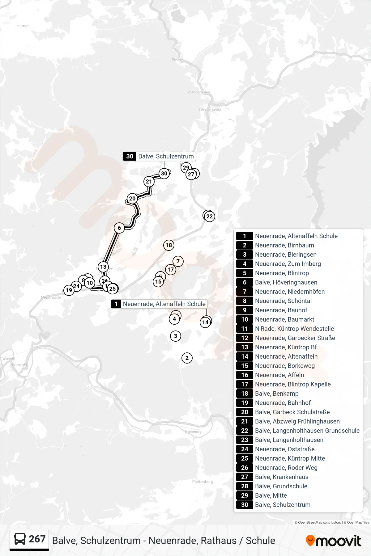 267 bus Line (Balve, Schulzentrum) route and stops on a map