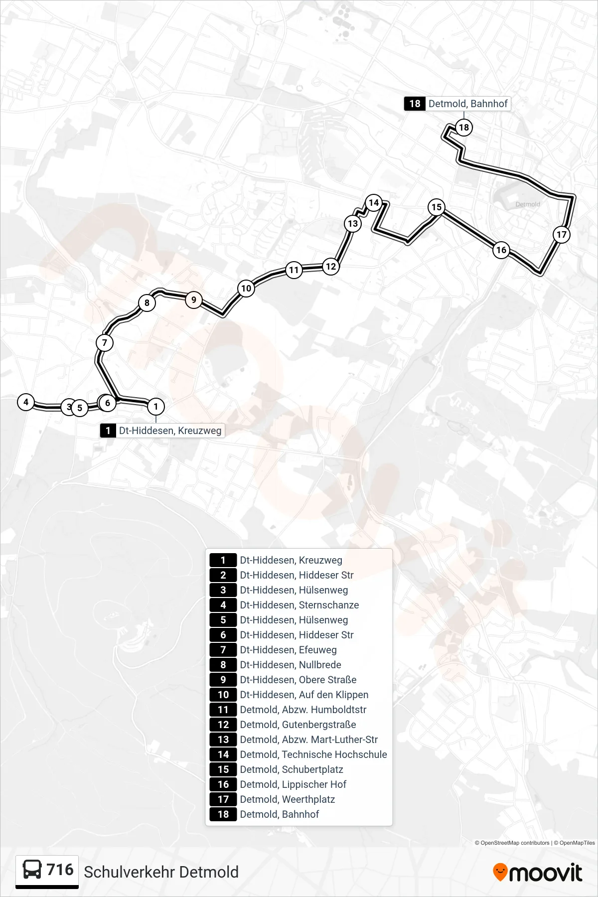 Linie 716 (Bus) Richtung Detmold, Bahnhof Steig 10: Route und Haltestellen auf der Karte