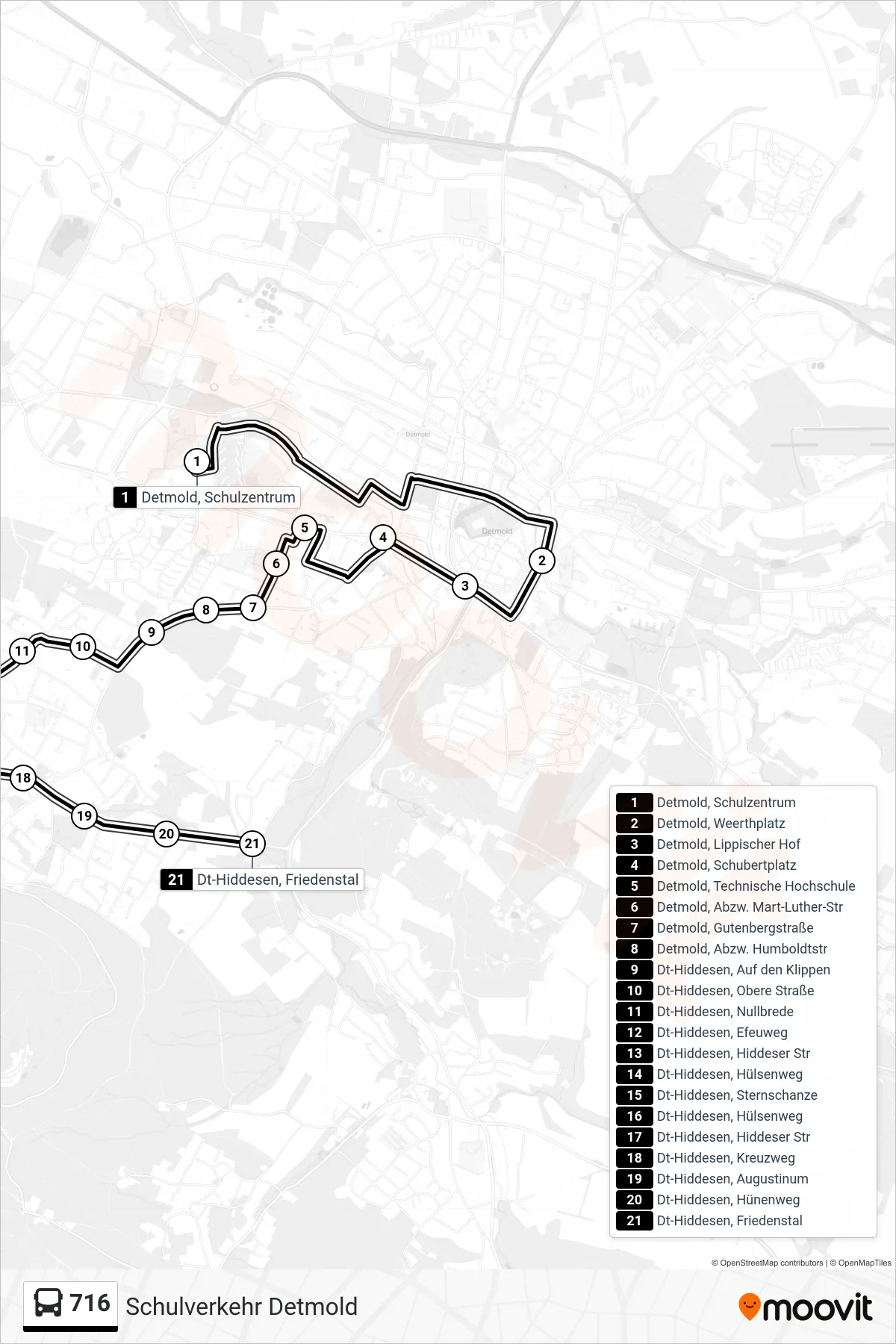 716 bus Line (Dt-Hiddesen, Friedenstal) route and stops on a map