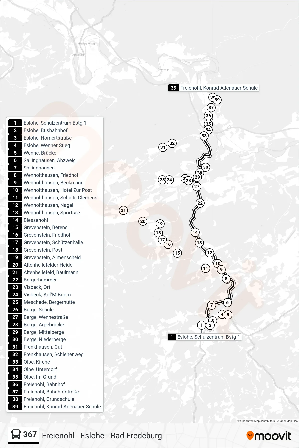 Linie 367 (Bus) Richtung Freienohl: Route und Haltestellen auf der Karte